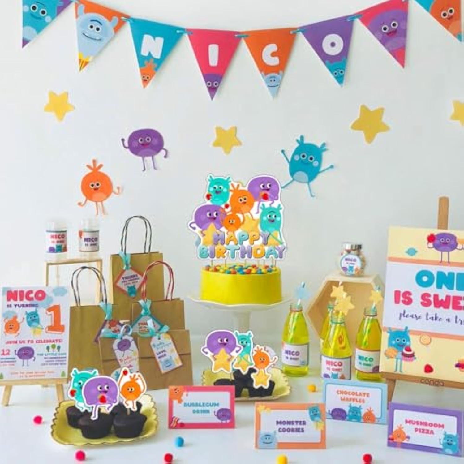 The Bumble Nums Birthday Party Decoration - Super Simple Songs Include Kids Cartoon Anime Birthday Banner, Cake Topper, Latex Balloons For Party Supplies