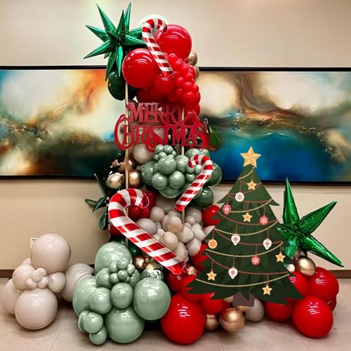 136Pcs Christmas Decorations Balloons Arch Kit Retro Green Red & Gold Xmas Balloons Garland with Candy Cane Foil Balloon Metallic Copper Long Gold Balloon for Snow Winter Holiday Party Supplies