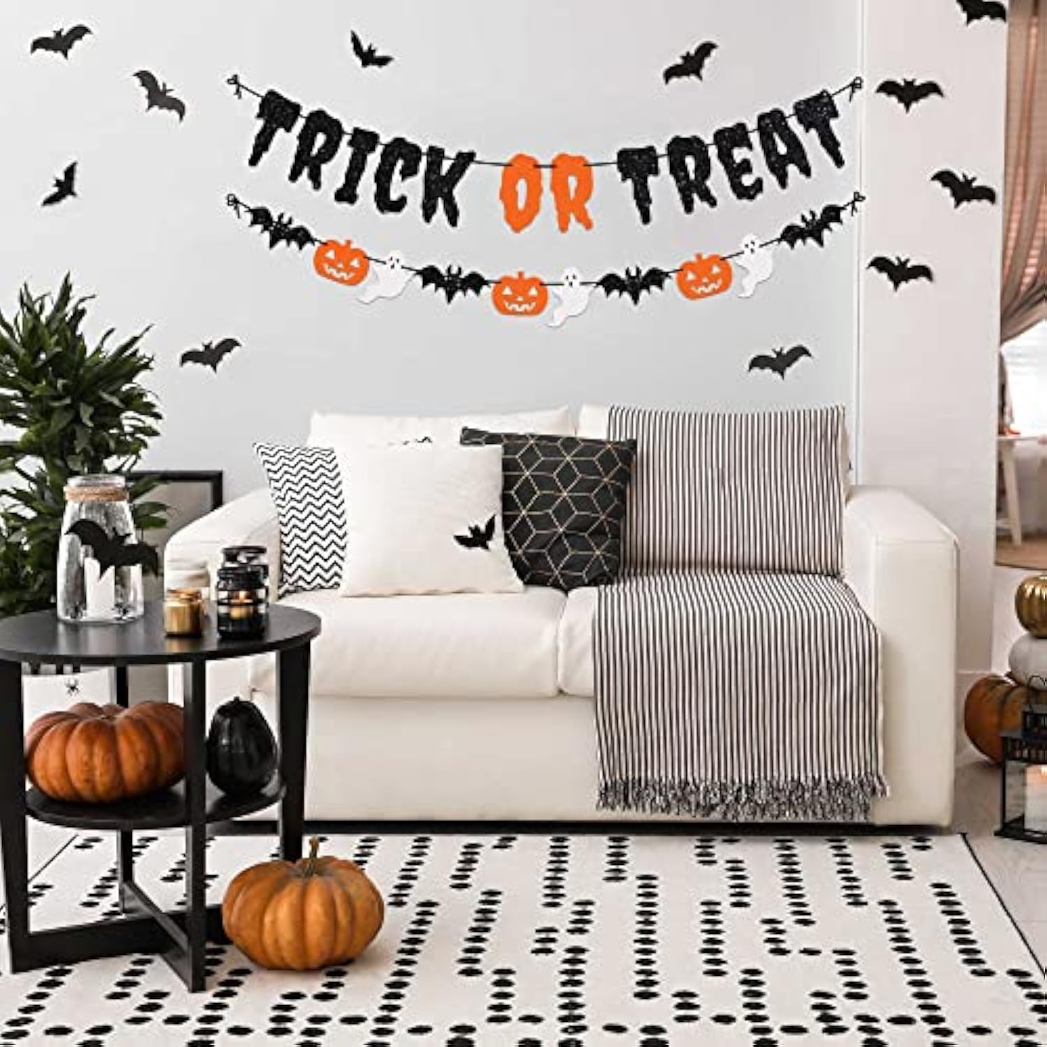 Pre Strung Trick or Treat Banner Black Glitter Pumpkins Ghosts Bats Party Decor
