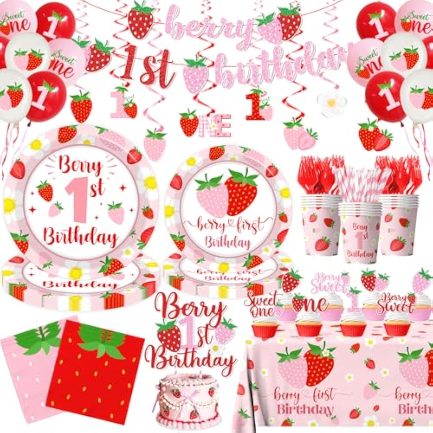 Berry First Birthday Decor, Strawberry 1St Birthday Decorations For Girls, Sweet One Balloon Banner Cake Toppers Tablecloth Plates And Napkins For Strawberry Baby Shower Decorations