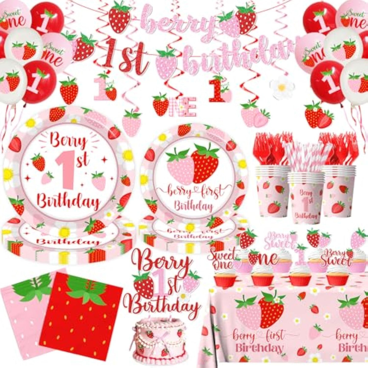 Berry First Birthday Decor, Strawberry 1St Birthday Decorations For Girls, Sweet One Balloon Banner Cake Toppers Tablecloth Plates And Napkins For Strawberry Baby Shower Decorations