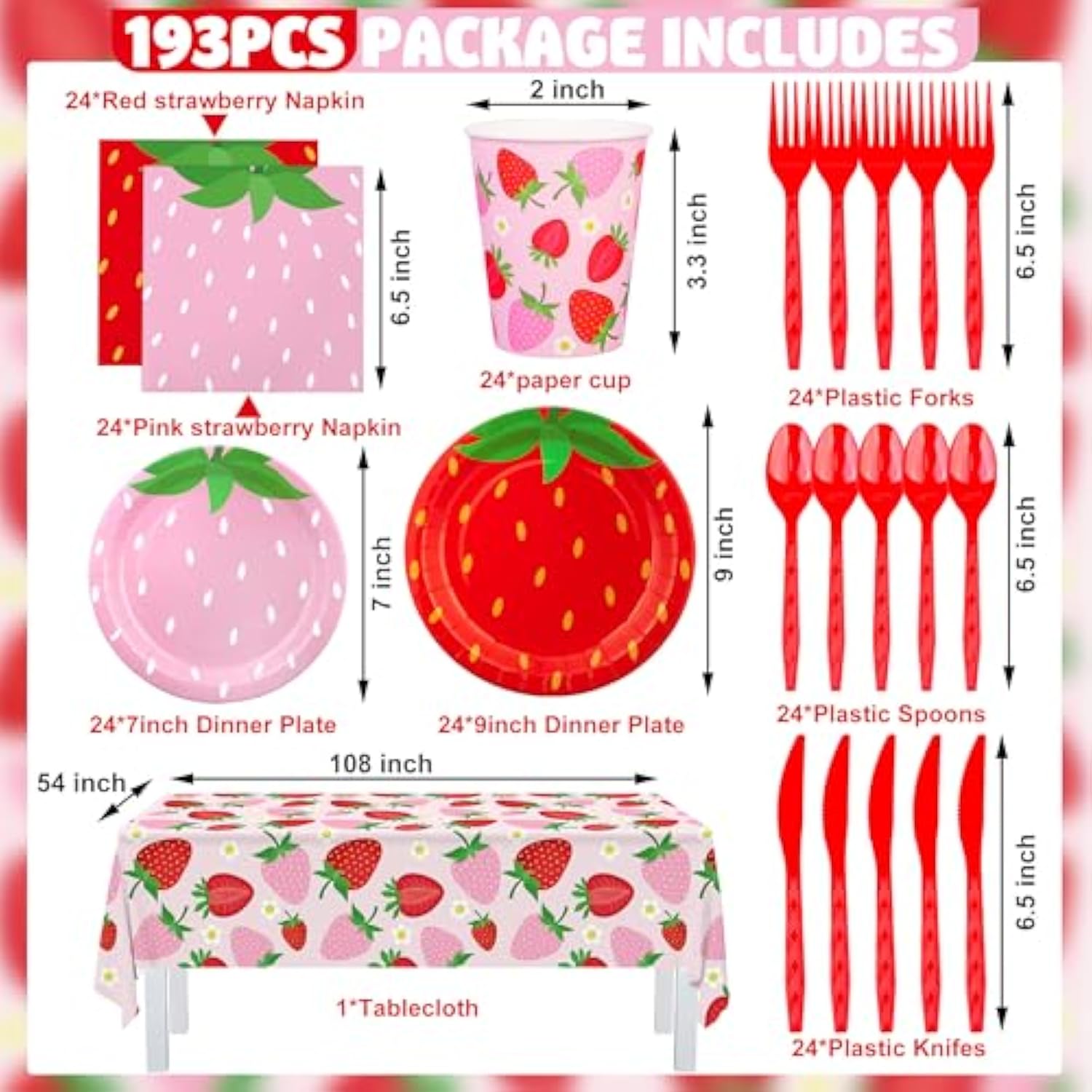 Strawberry Party Tableware Set Strawberry Theme Paper Plates Napkins Cups Strawberries Plastic Tablecloth Disposable Strawberries Party Supplies For Birthday Baby Shower, Pink