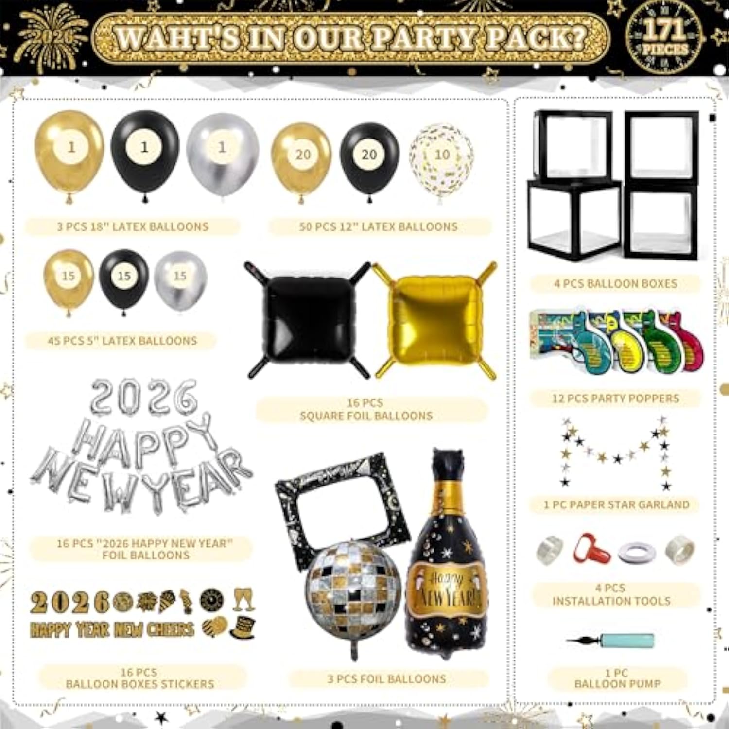 Black Gold 2026 Balloon Backdrop Wall with Foil Balloons Confetti Poppers