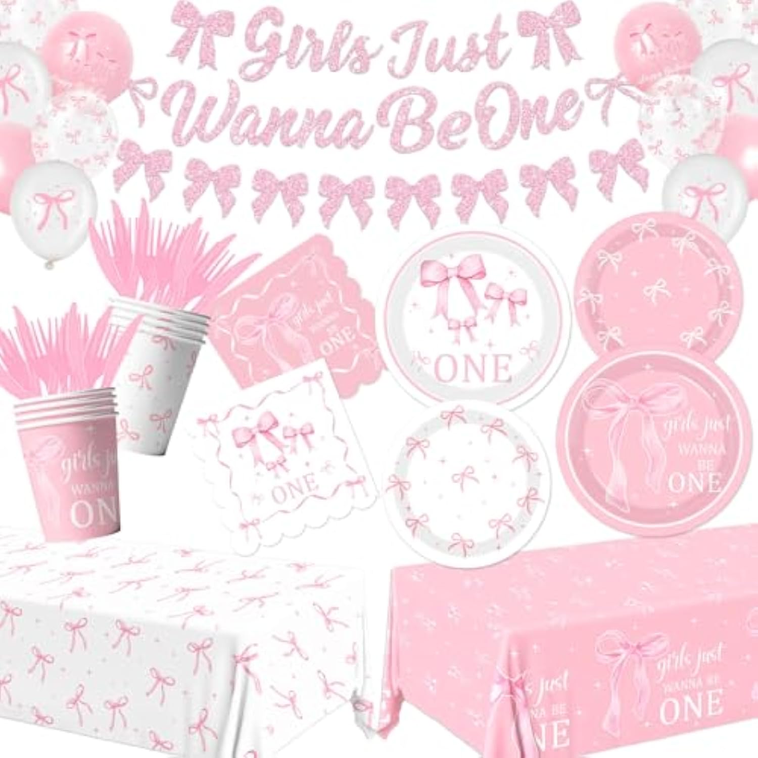 190Pcs Pink Bow 1St Birthday Decorations, Baby Girl First Birthday Party Supplies Includes Girls Just Wanna Be One Plates Napkins Cups Tablecloth Banner Balloons For Girls Bow Party Decor