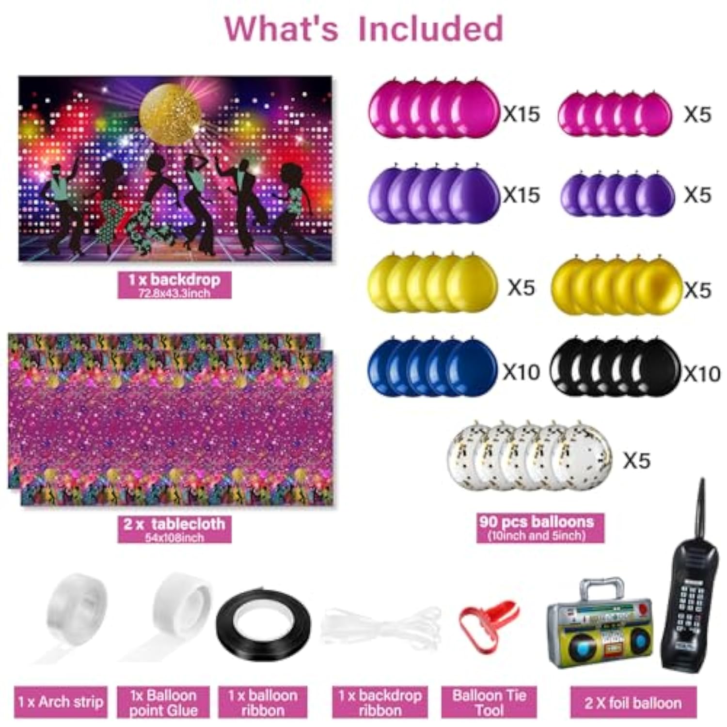 95PCS 70s Disco Party Decor Set – Balloons, Boombox, Backdrop & Tablecloth for Retro Bash
