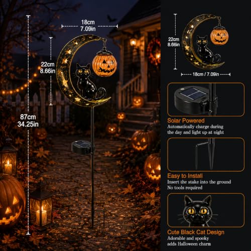 Solar Halloween Black Cat Pumpkin Moon Garden Stake Light