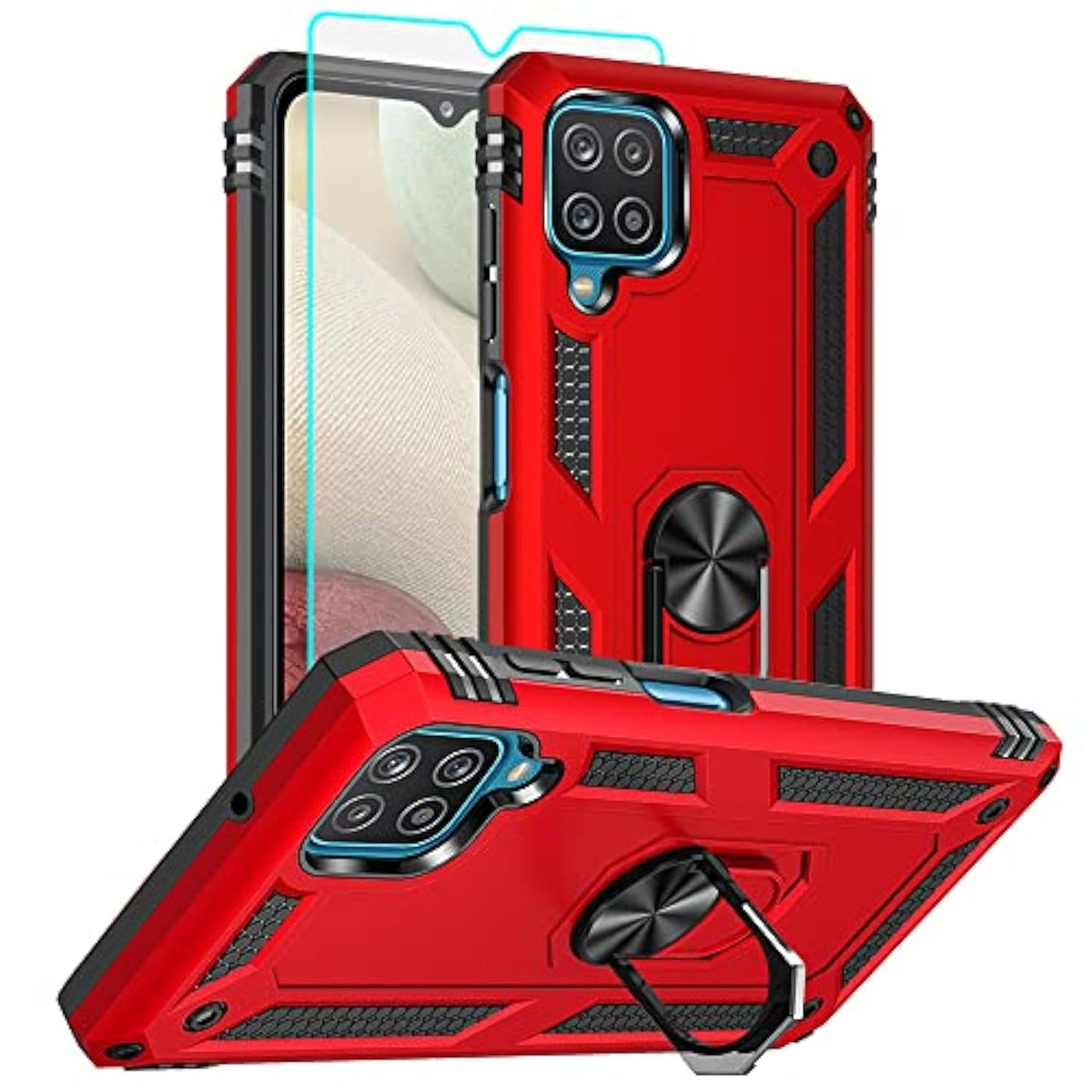 For Samsung Galaxy A12 Phone Case, Samsung A12 Case With Hd Screen Protector, [Military Grade 16Ft. Drop Tested] Ring Shockproof Protective Phone Case For Samsung Galaxy A12,Red