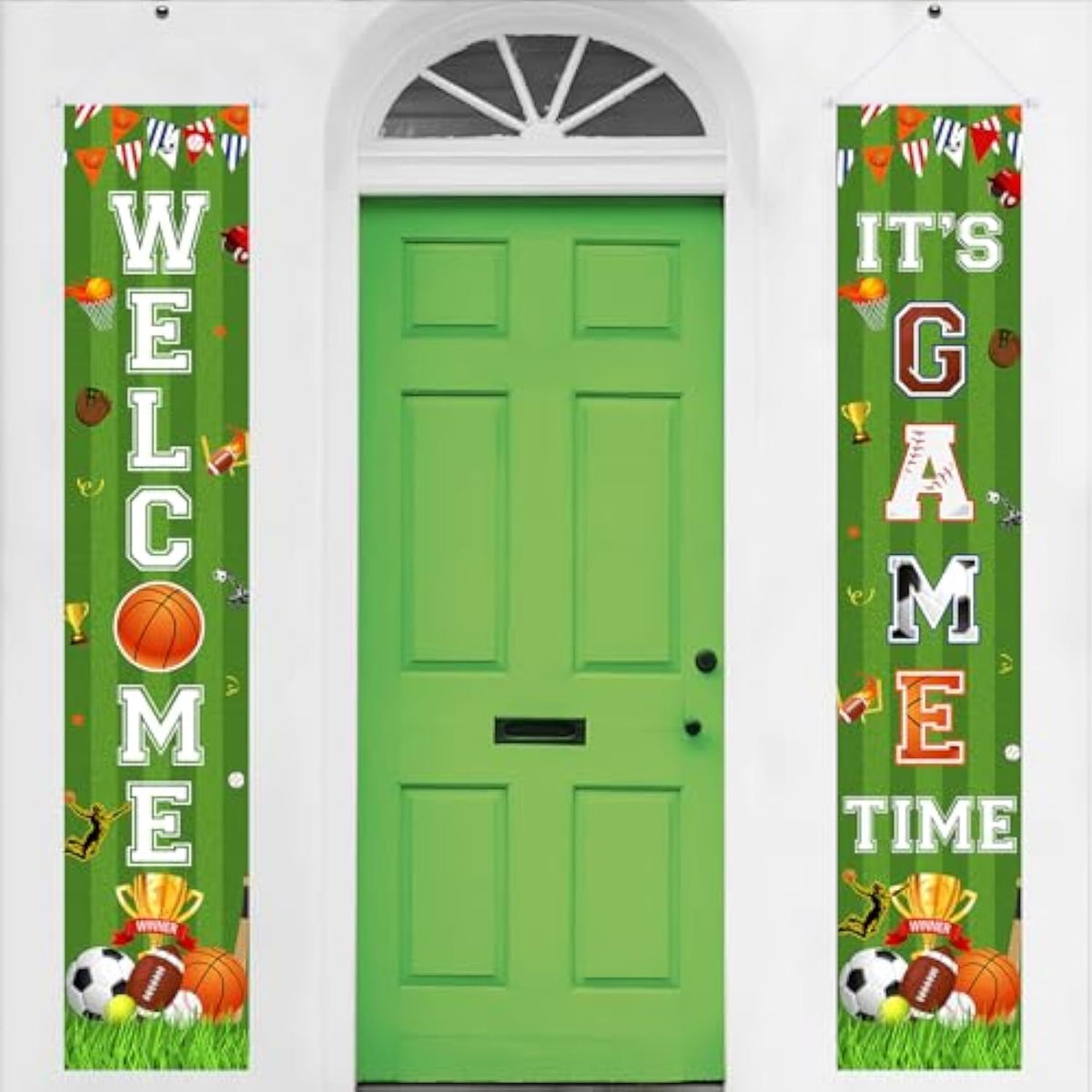 Sports Door Banner Party Decorations, Sports Theme Party Supplies With Welcome And It’S Game Time Porch Sign - Football Basketball Baseball Soccer Wall Hanging Decors