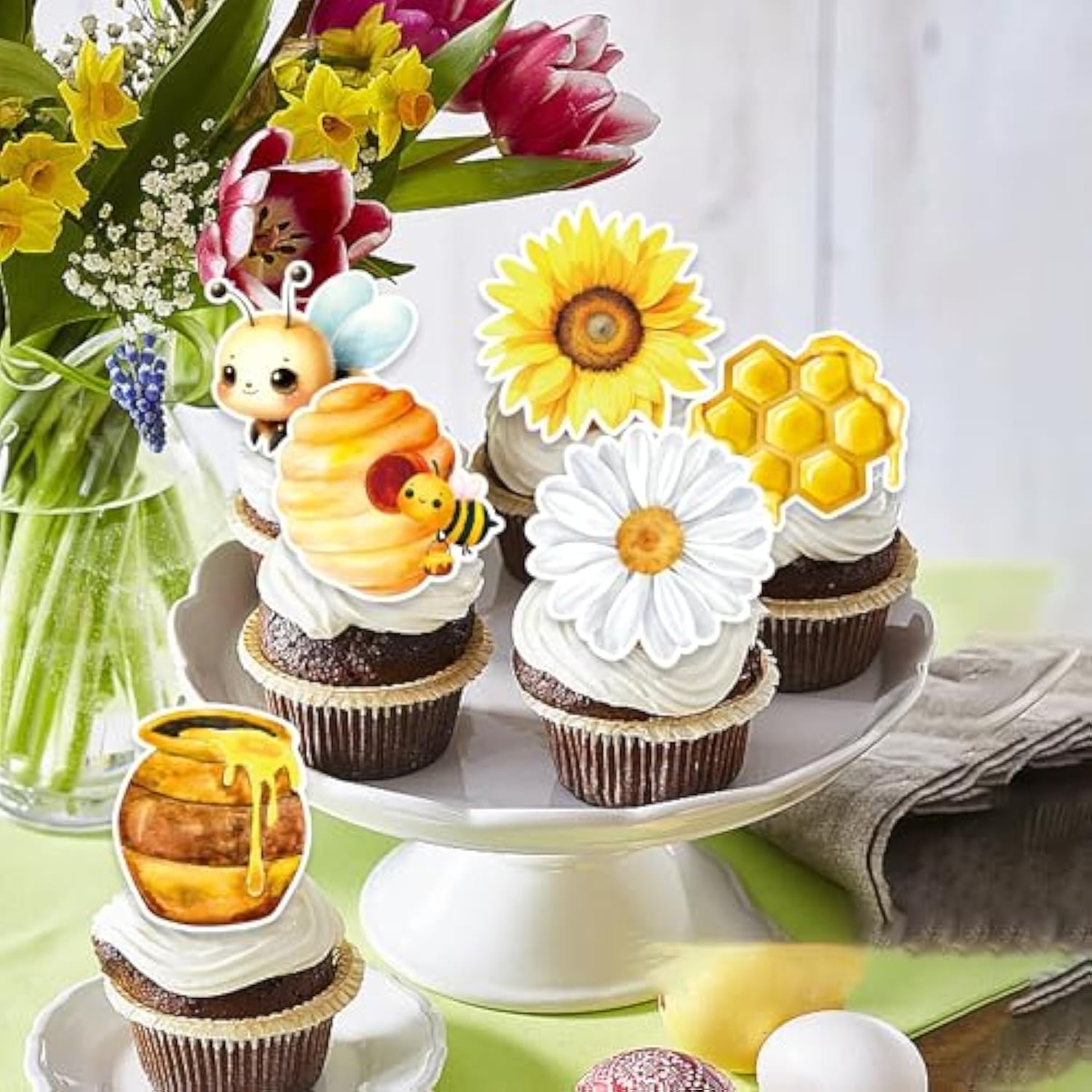 48 Pcs Edible Bumble Bee Cupcake Toppers Wafer Paper Oh Babee Cake Decorations For Bee Theme Baby Shower Kids Boys Girls Birthday Cake Party Decoration