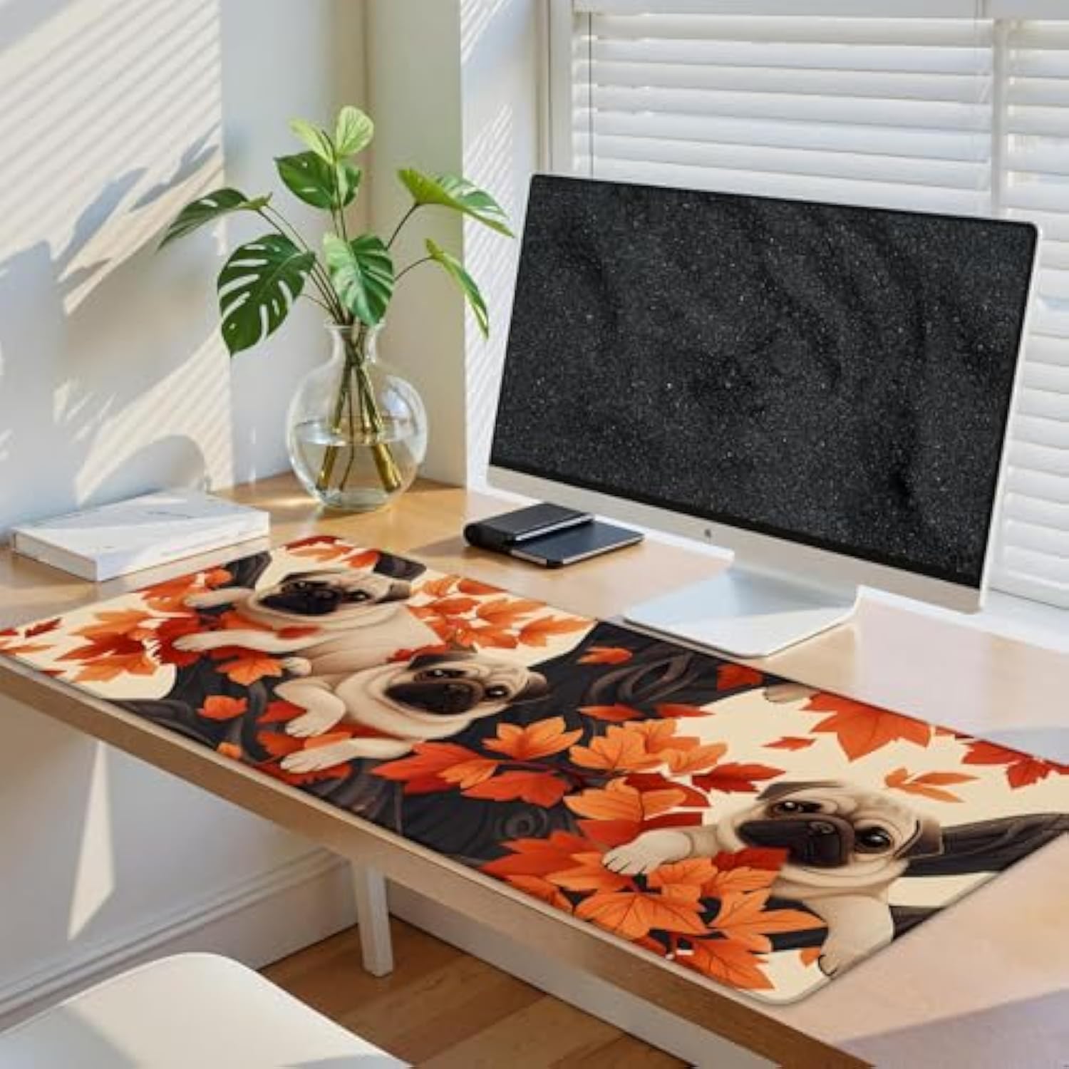 Cute Dog Gaming Mouse Pad, 31.5"×11.8" Extended Desktop Puppy Mouse Pads For Keyboard Laptop Computer, Large Desk Mat With Stitched Edges For Work Office Desk Decor (Autumn Pug)