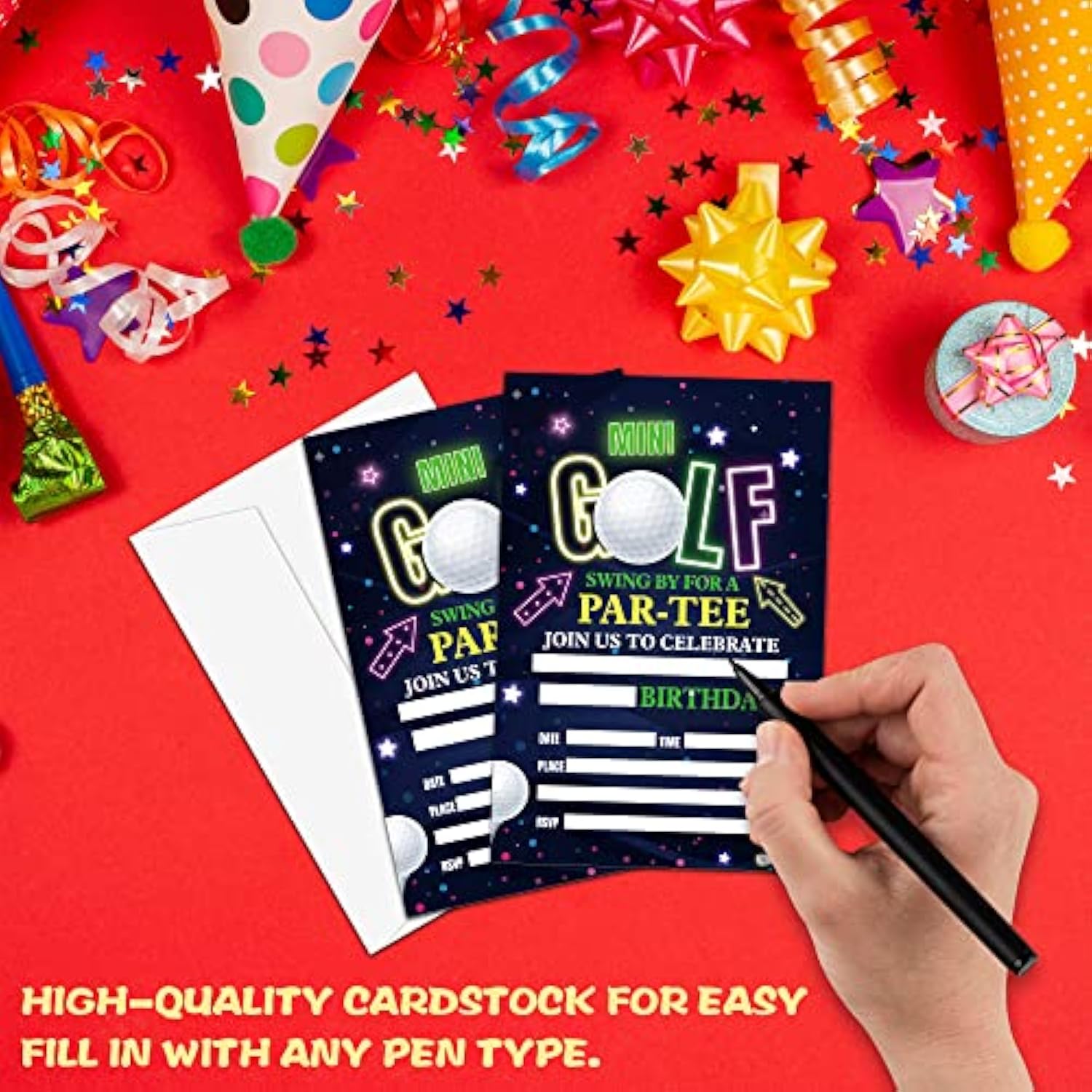 Golf Birthday Party Invitation, Mini Golf Themed Fill-In Invites, 20 Invitations With Envelopes For Friends (4" X 6"), Neon Glow Party Favors Decorations And Supplies -47