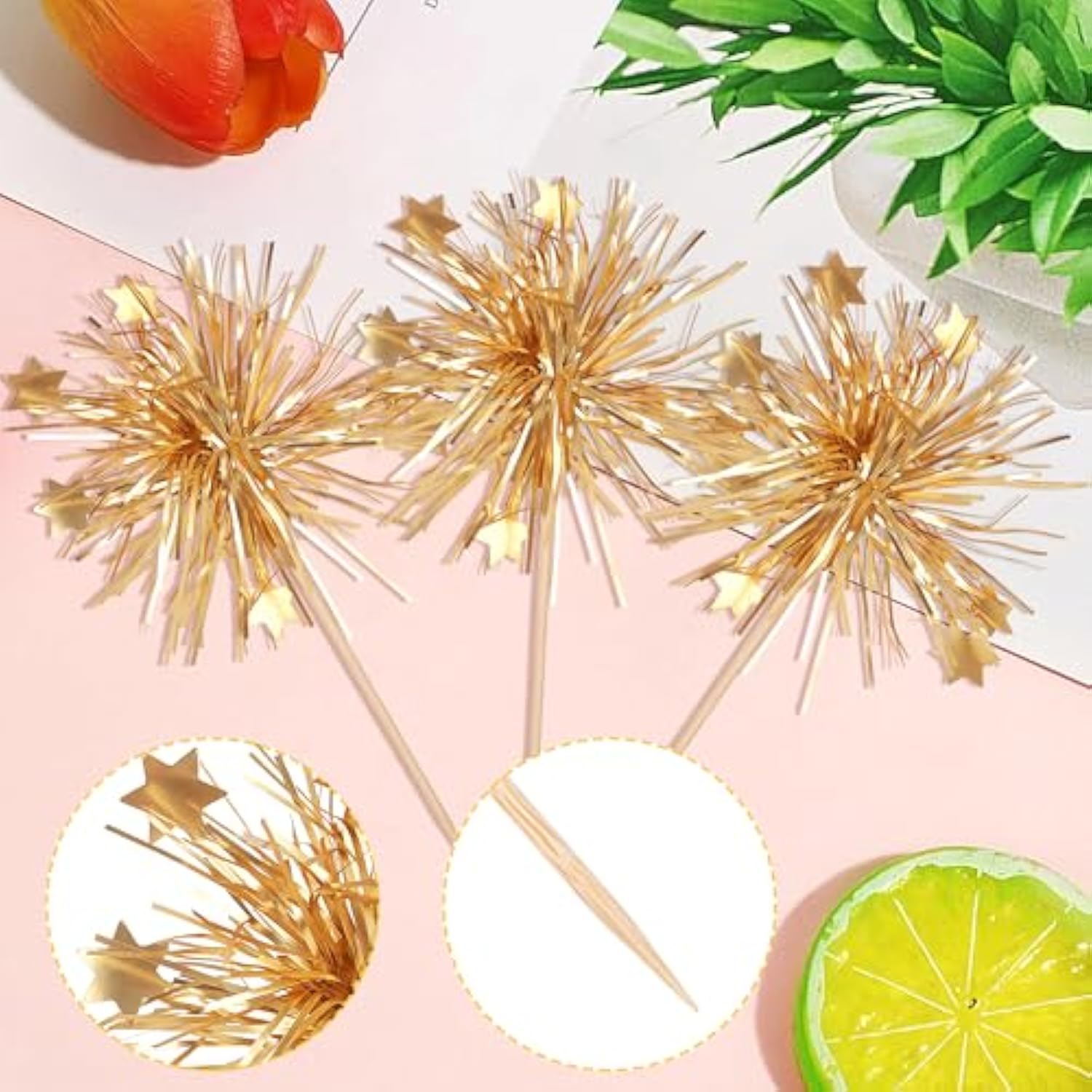 30pcs Foil Firework Cupcake Toppers Gold Sparkle Star Picks for Parties
