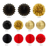 Red-Black Gold Casino-Theme Birthday Party-Decorations - 21Pcs Happy Banner,Game Night Paper Lanterns,Tissue Pom Poms Flower Fan,Honeycomb Ball,Swirl Streamers Garland Supplies Women Men Decor