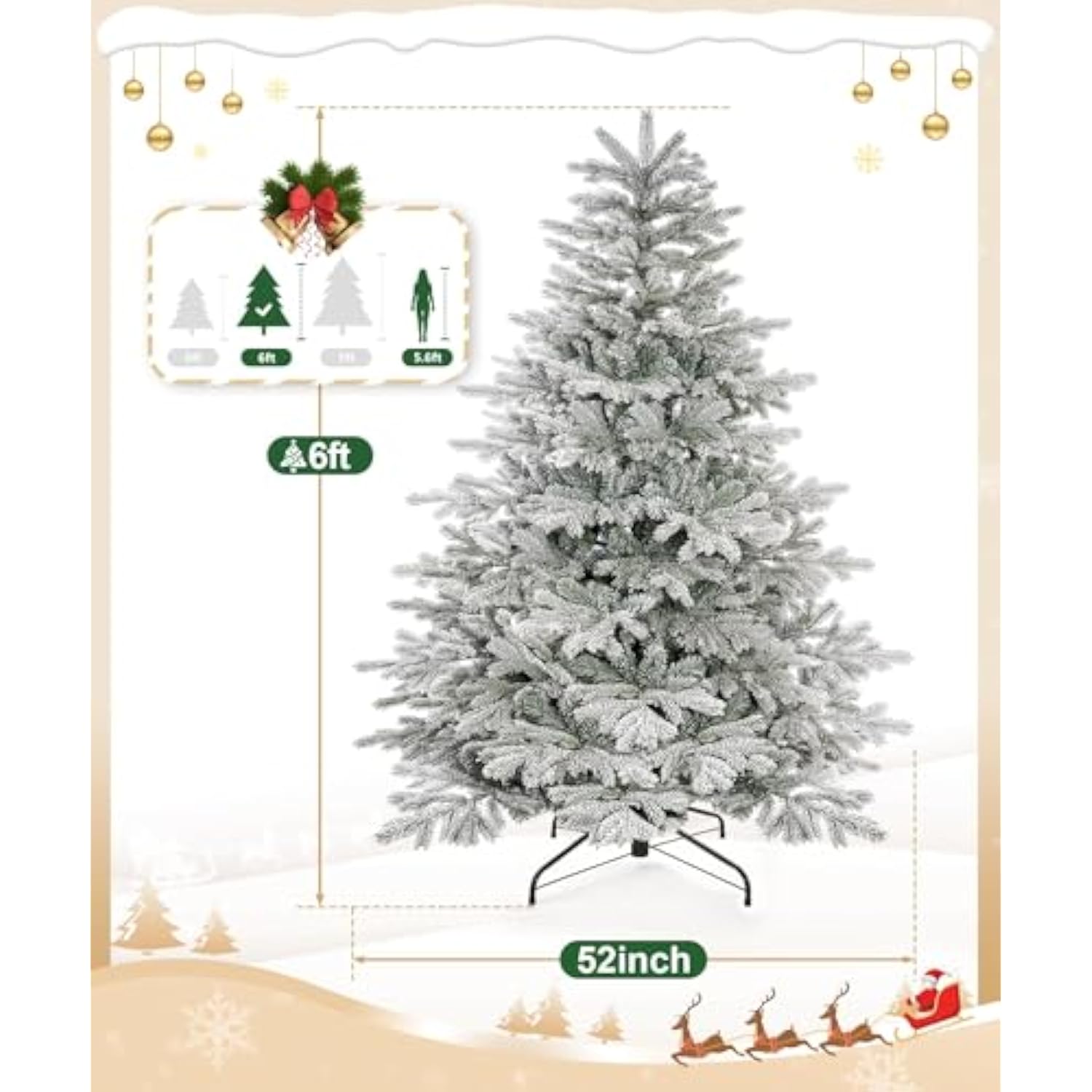 6Ft Artificial Christmas Tree, Unlit Snow Flocked Xmas Tree With 1571 Branch Tips And Sturdy Metal Stand For Indoor Outdoor Home Decoration