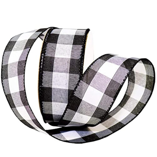 Cambridge Wired Black And White Buffalo Check Plaid Ribbon, For Gift W