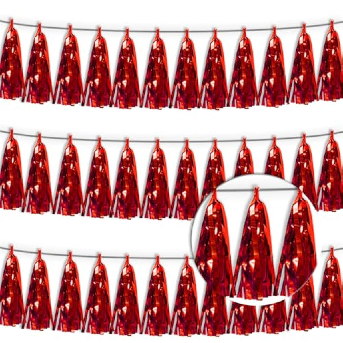 3P Red Tassel Banner Garland Metallic Foil Fringe Banner Tinsel Tassels Streamer Banner Backdrop For Parade Floats, 2025 Graduation Decorations, Wedding Party Decoration