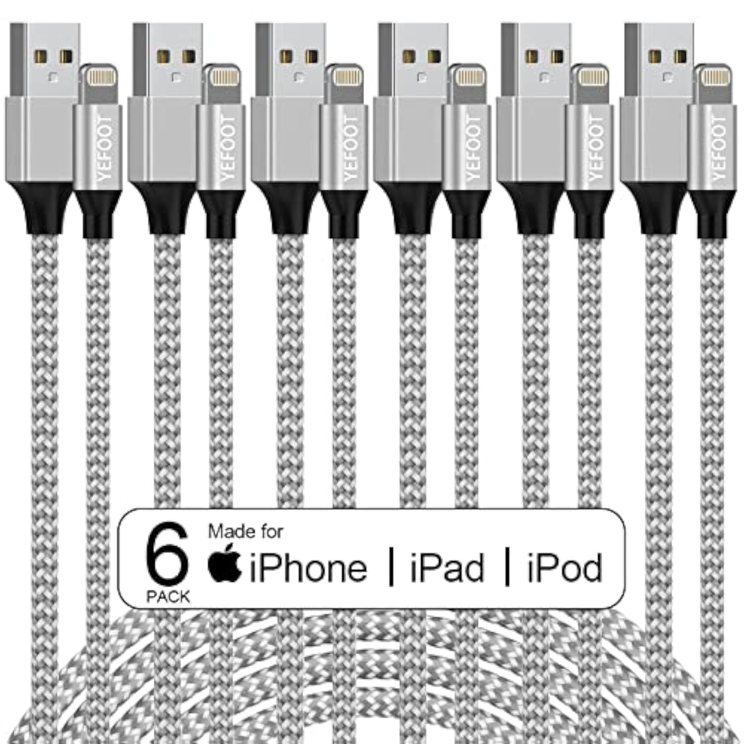 [Apple Mfi Certified] 6Pack[3/3/6/6/6/10Ft] Iphone Charger Lightning Cable Compatible Iphone 14Promax/14Pro/14/14Plus/13Pro/13/12Pro/12/11 And More-Silver&White