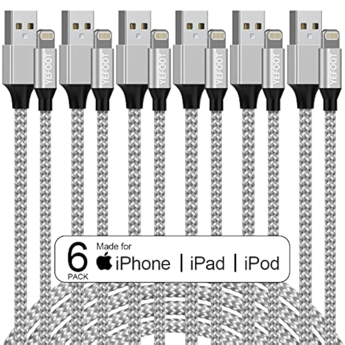 [Apple Mfi Certified] 6Pack[3/3/6/6/6/10Ft] Iphone Charger Lightning Cable Compatible Iphone 14Promax/14Pro/14/14Plus/13Pro/13/12Pro/12/11 And More-Silver&White