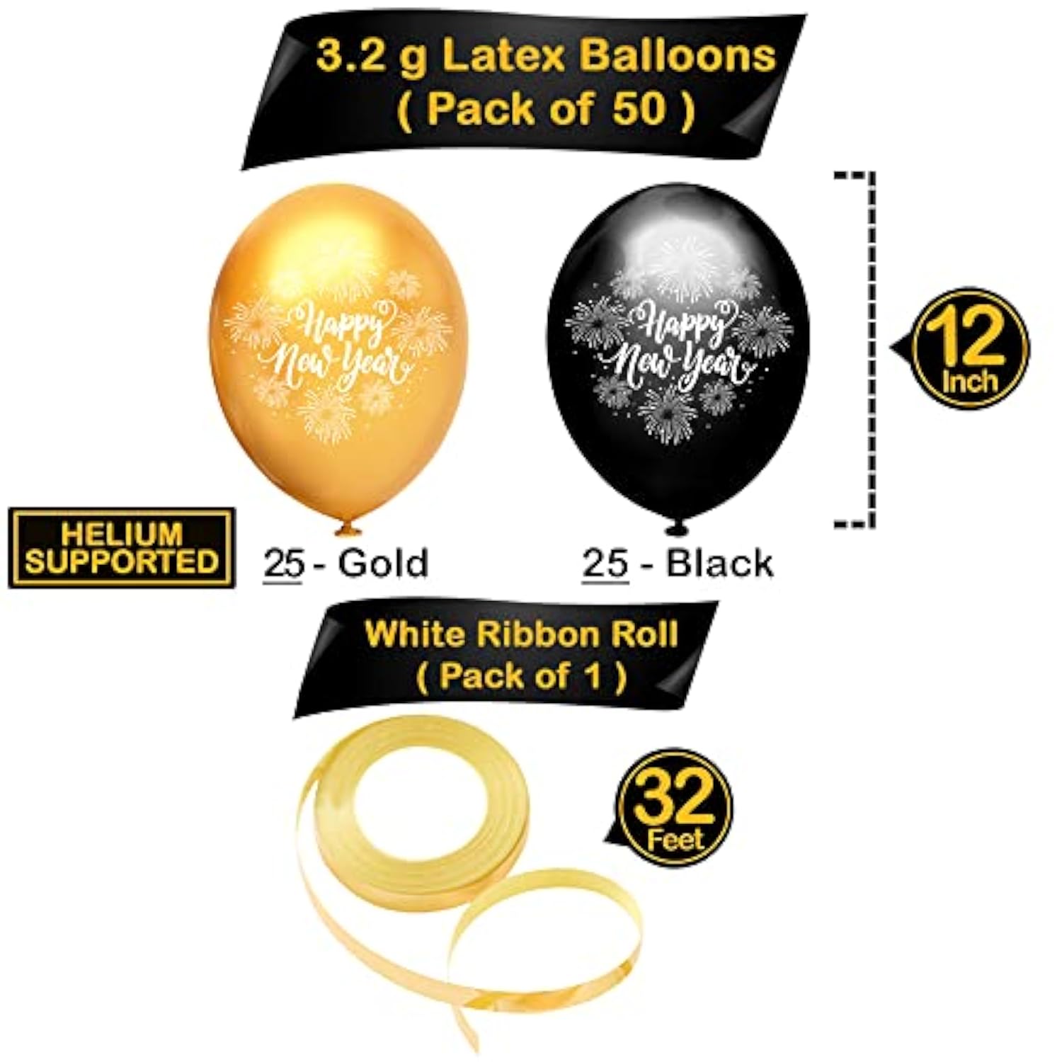 50 Pcs Black Gold Happy New Year 2026 Latex Balloons Party Supplies