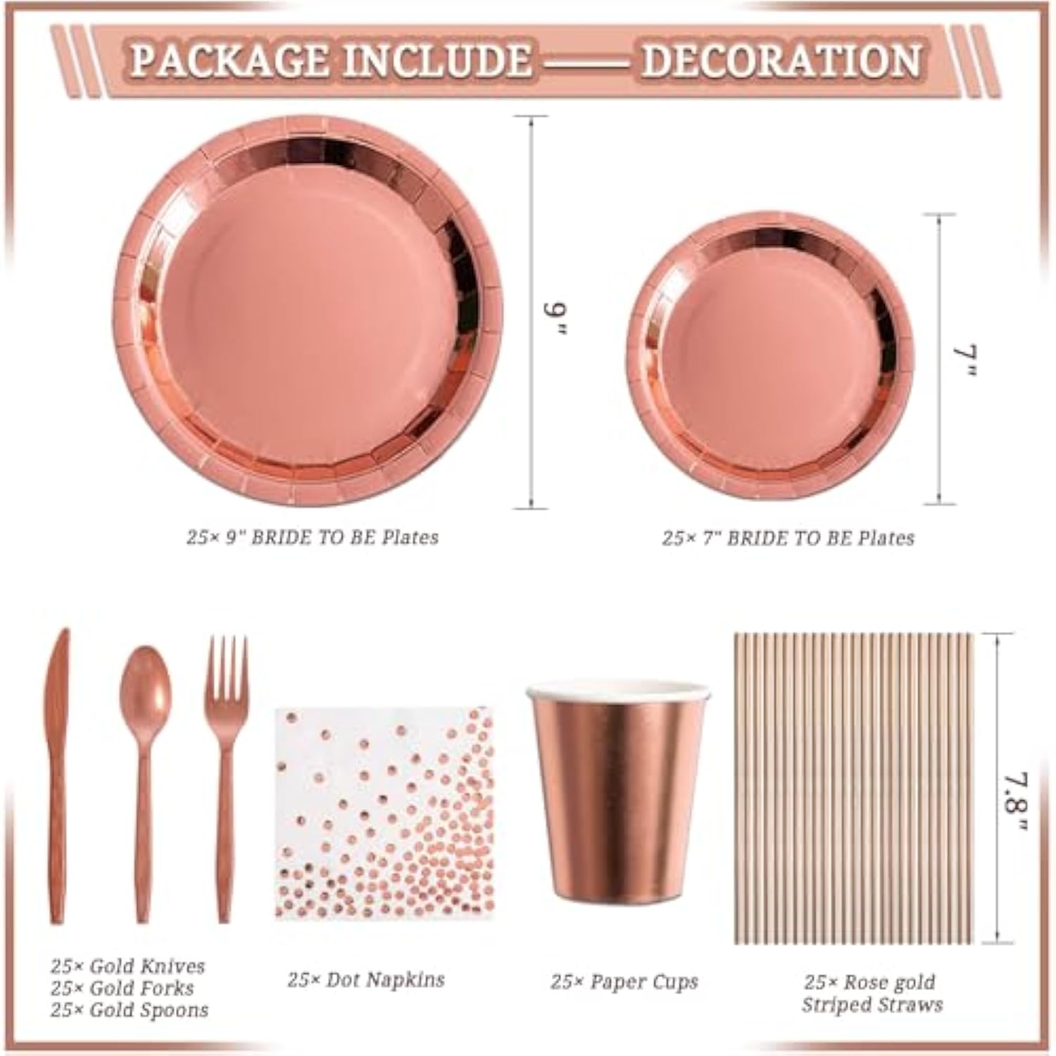 Rose Gold Bridal Shower Decoration Kit: Bachelorette Party Supplies for 25 Guests
