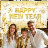 White Gold Happy New Year 2026 Banner NYE Party Backdrop Decor
