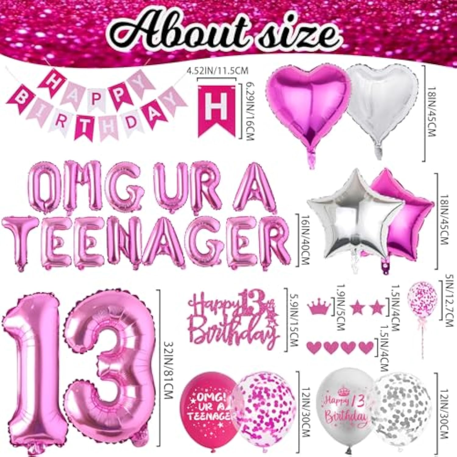 Hot Pink 13th Birthday Decorations for Girls with Banner & Balloons