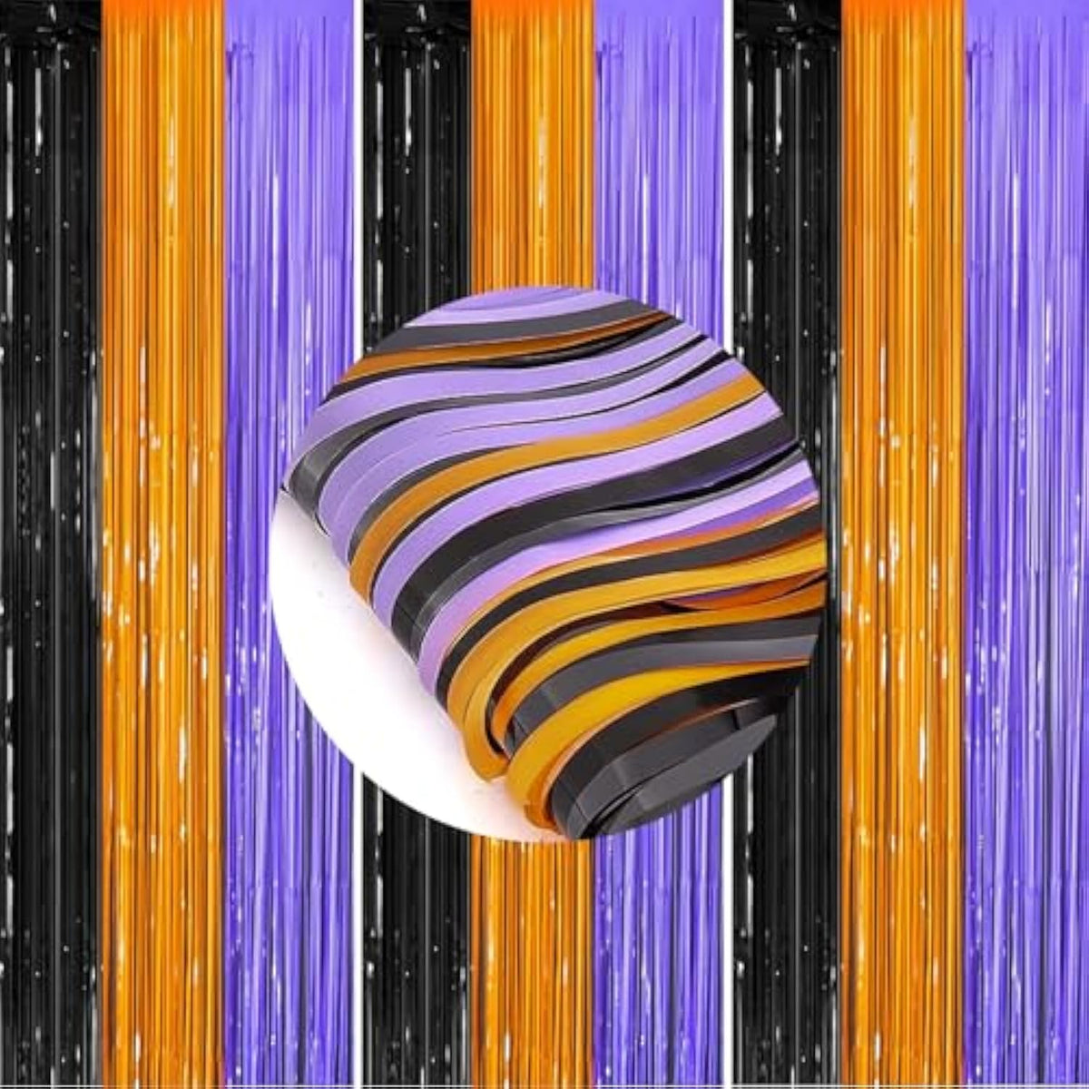 Orange Purple Black Tinsel Fringe Curtains 3pcs 3.3x6.6ft for Party Decor