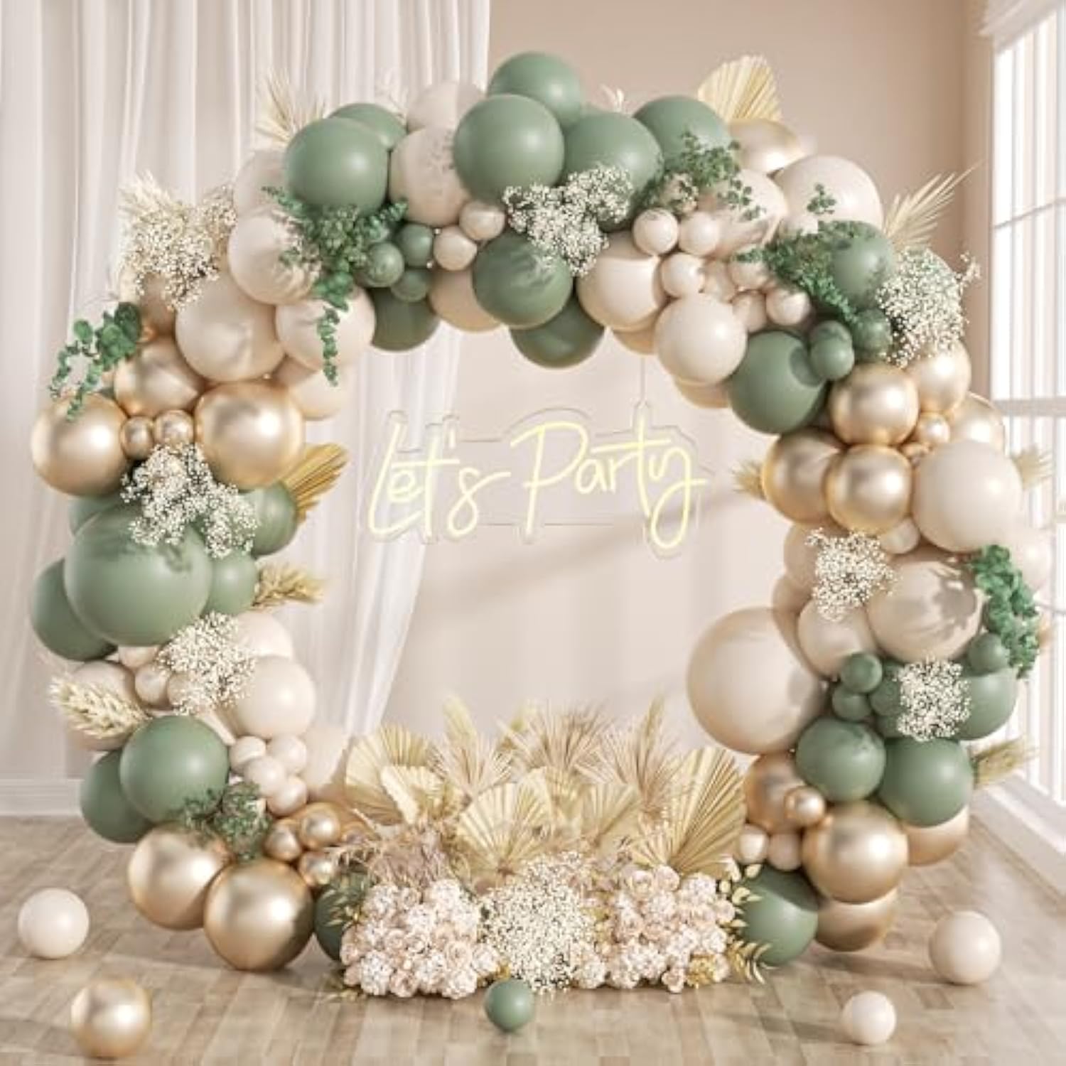 Sage Green Balloon Garland Kit: Sand White & Gold, Baby Shower Decor