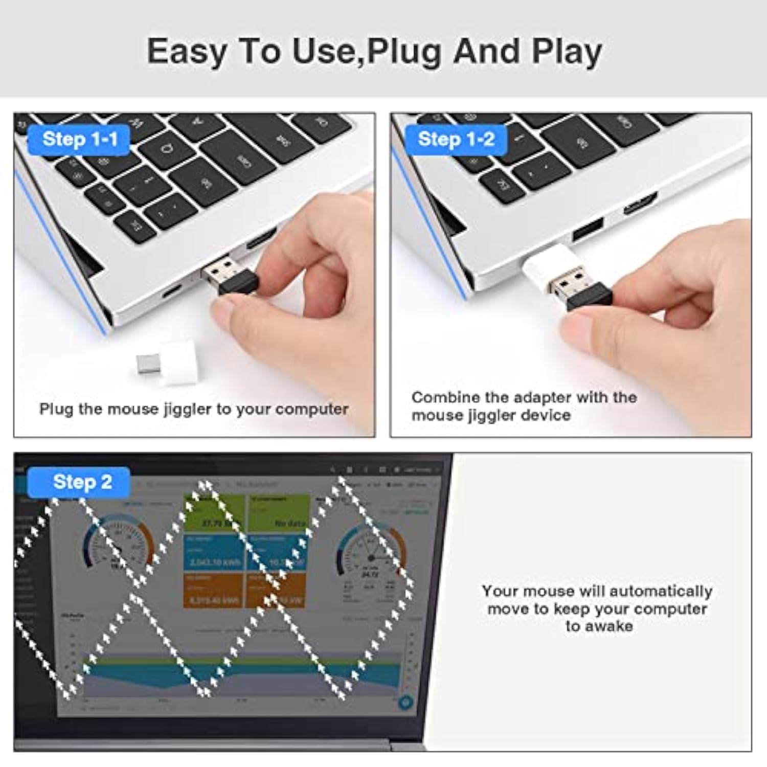 Mouse Jiggler,Undetectable Mouse Mover Device Usb Port With Type-C Adapter,Simulate Movement,Driver-Free,Plug&Play