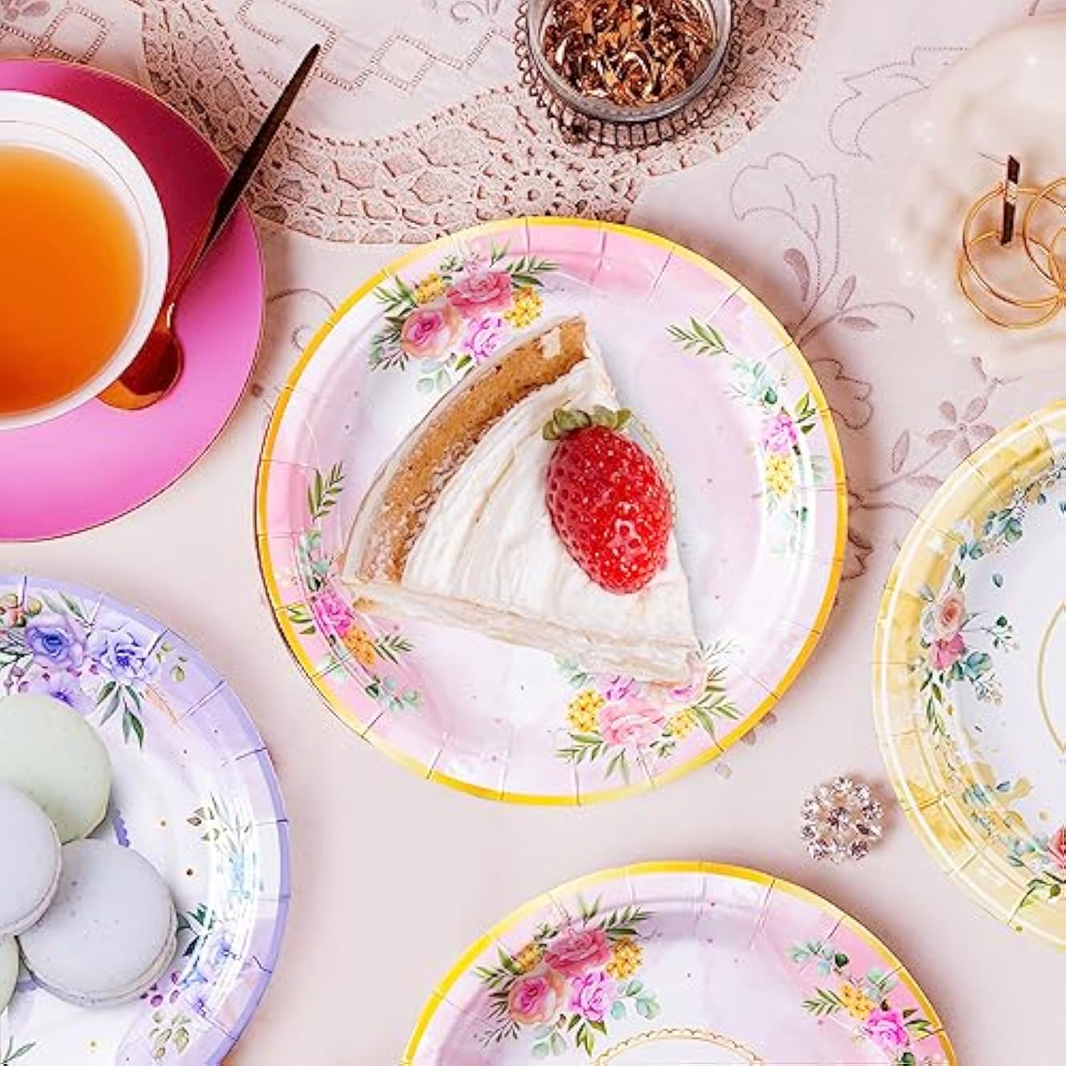 24 Paper Tea Cups And Plates, 7 Oz Disposable Paper Teacups And Saucer Sets For Hot And Cold Drinks For Birthday, Princess, Floral, Tea Party Decorations