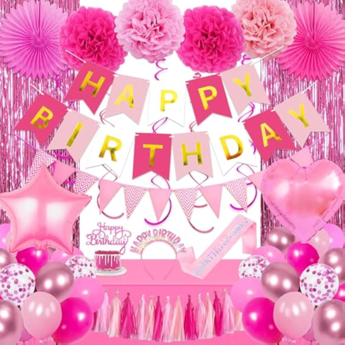 Blue Birthday Party Decorations For Women Girls Include Blue Happy Birthday Banner Paper Pompoms Fringe Curtain Balloons Hanging Swirl Birthday'S Sash And Hairband Tablecloth For Party Decors