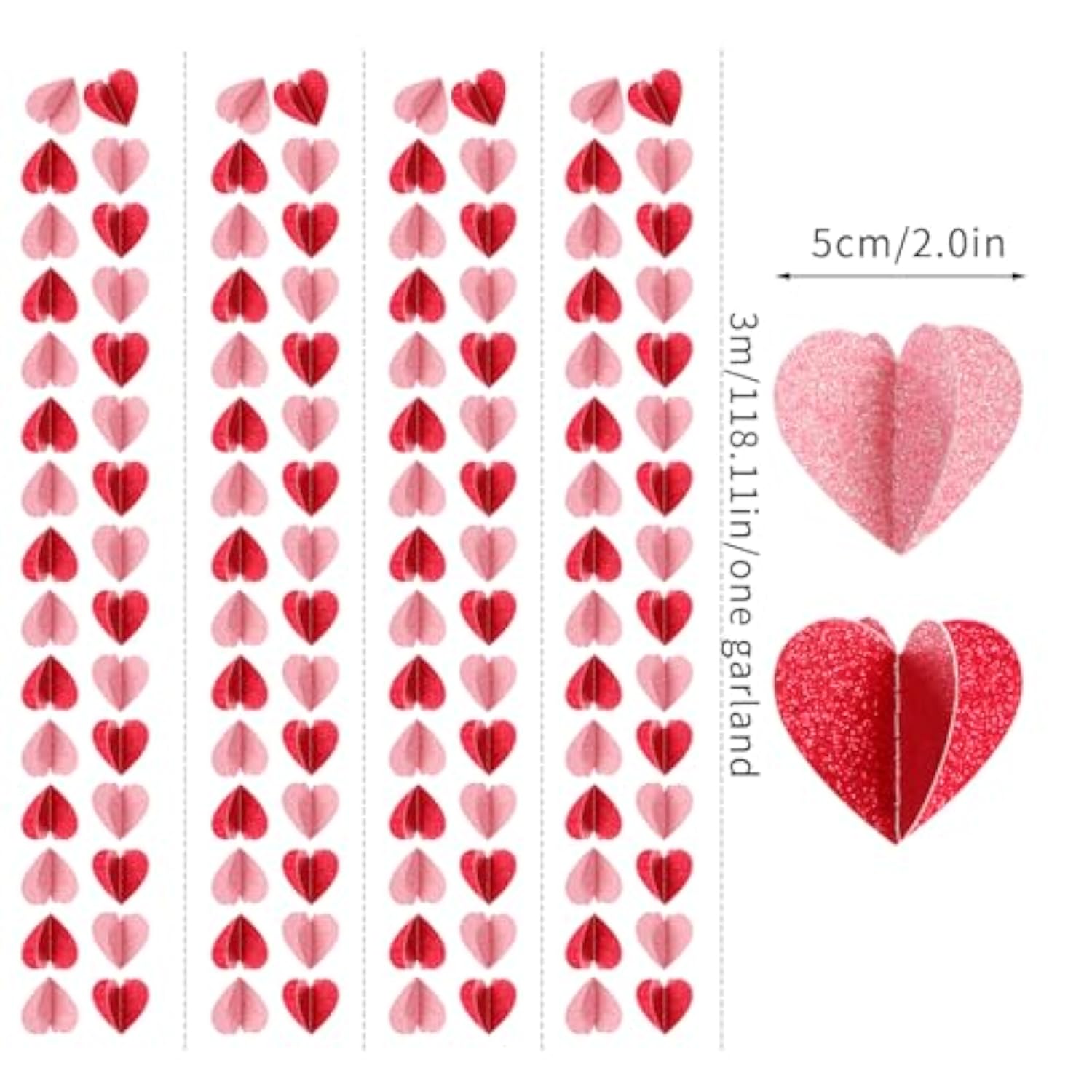 Galentines Party-Decorations Valentines-Day 3D-Heart Garland - 40Ft Red Pink Streamers Paper Banner, Proposal Anniversary Romantic Birthday Baby Shower Rustic Wedding Hanging Ornaments Decor