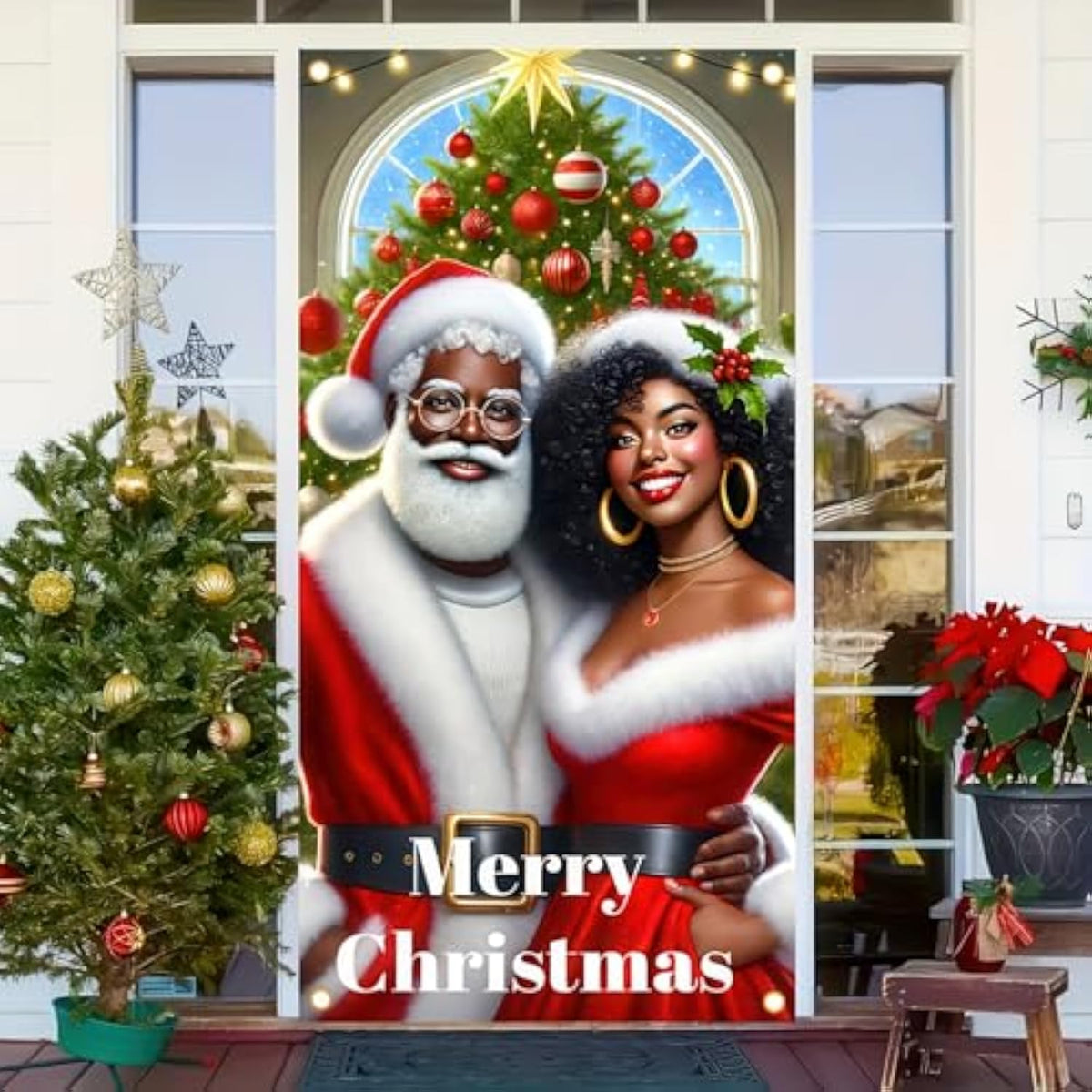 Christmas Door Cover Santa & Mrs. Claus Door Hanging Banner Backdrop 71 X 35 Inch Merry Christmas Door Cover Photography Background Christmas Party Home Decor For Front Door New Year Photo