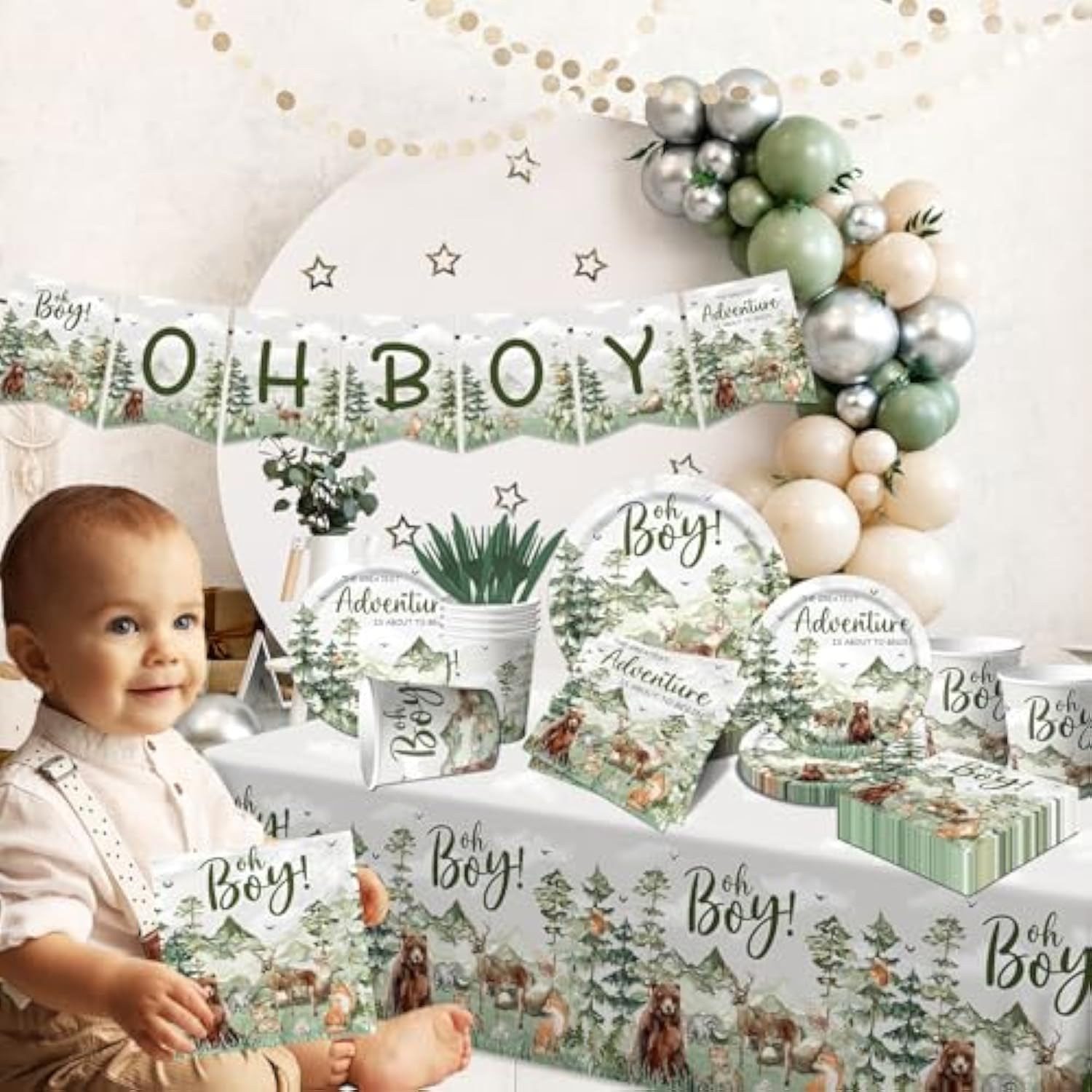 Let The Adventure Begin Baby Shower Tableware,Woodland Baby Shower Plates And Napkins Decorations Cups Banner Tablecloth For Adventure Awaits Baby Shower Boy Mountain Party Decorations