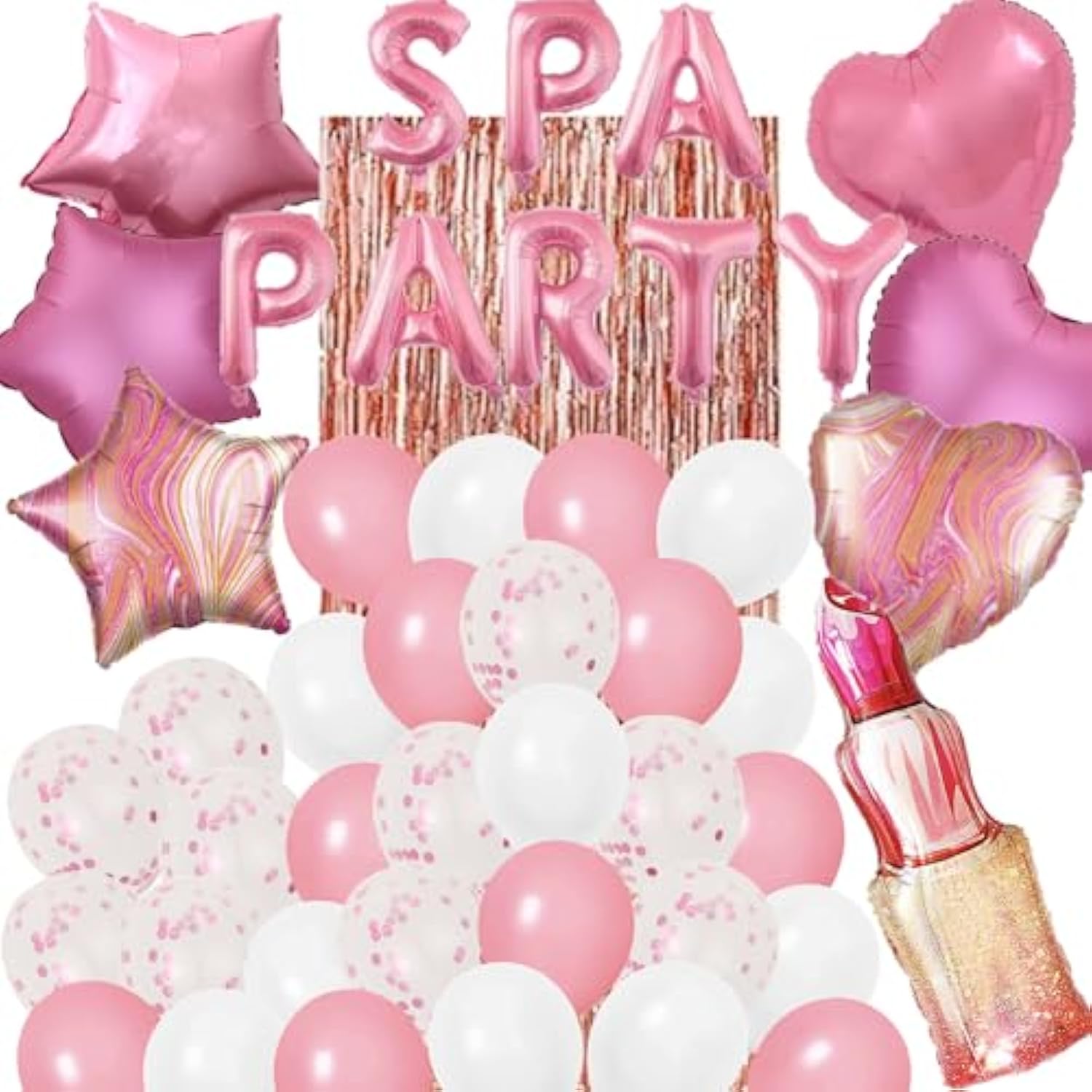 46 Pieces Spa Party Decorations Balloons Spa Theme Birthday Party Supplies Lipstick Cosmetics Balloons Foil Fringe Curtains For Girls Spa Day Makeup Party (Light Pink)