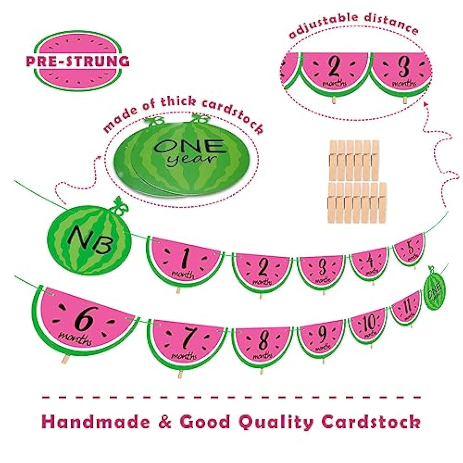 Watermelon Photo Banner 1-12 Month 1St Birthday Monthly Banner Baby Girl Photo Display Milestone Photograph Bunting Garland One In A Melon Summer Fruit Themed Party Supplies Decorations