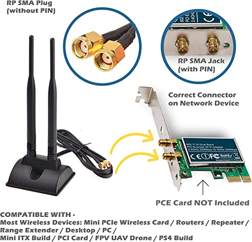 Wifi Antenna Dual Band 2.4Ghz - 5.8Ghz With Rp-Sma Connector Magnetic Base For Wireless Network Router - Usb Adapter - Pci Pcie Cards - Signal Booster - Access Point - Wireless Range Extender