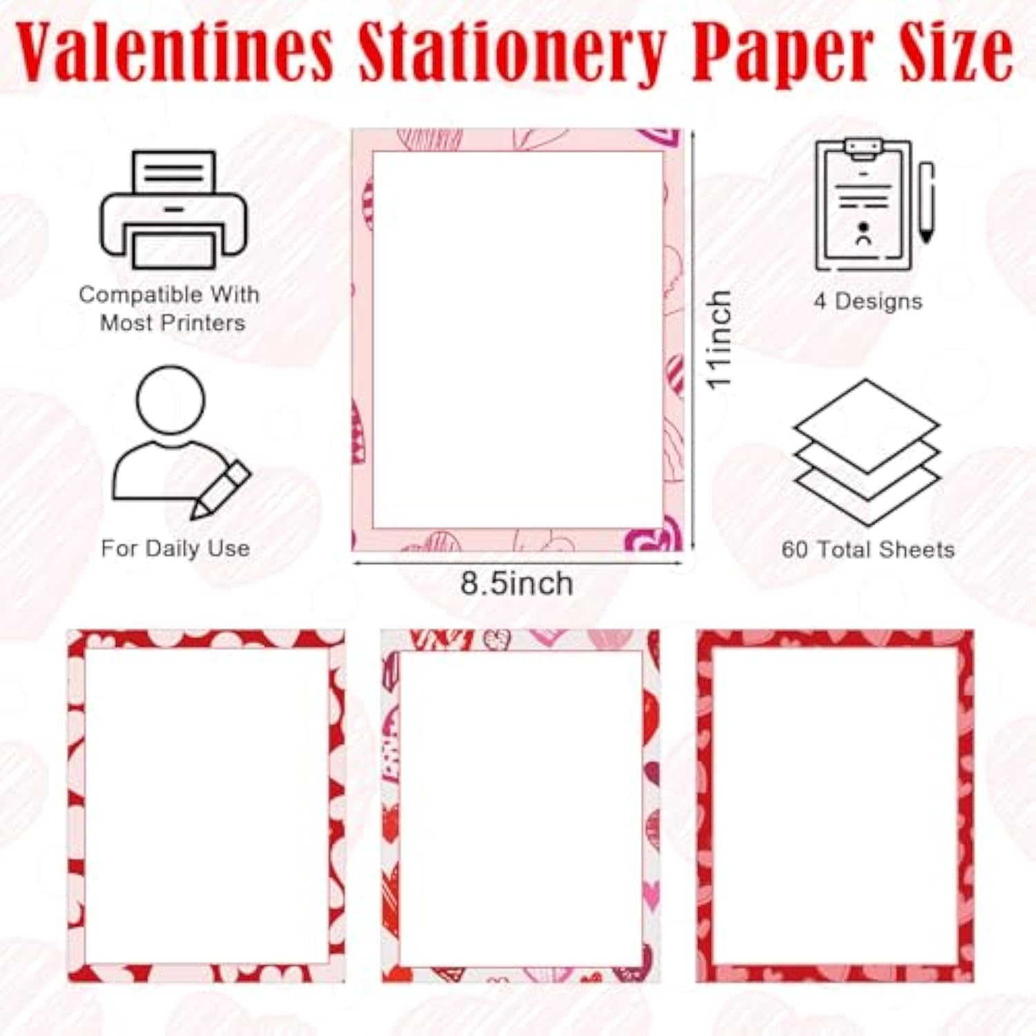 Valentine Red Classic Heart Themed Letterhead Decorative Paper, Valentine'S Day Stationery Paper, 8.5X11In, 60 Sheets