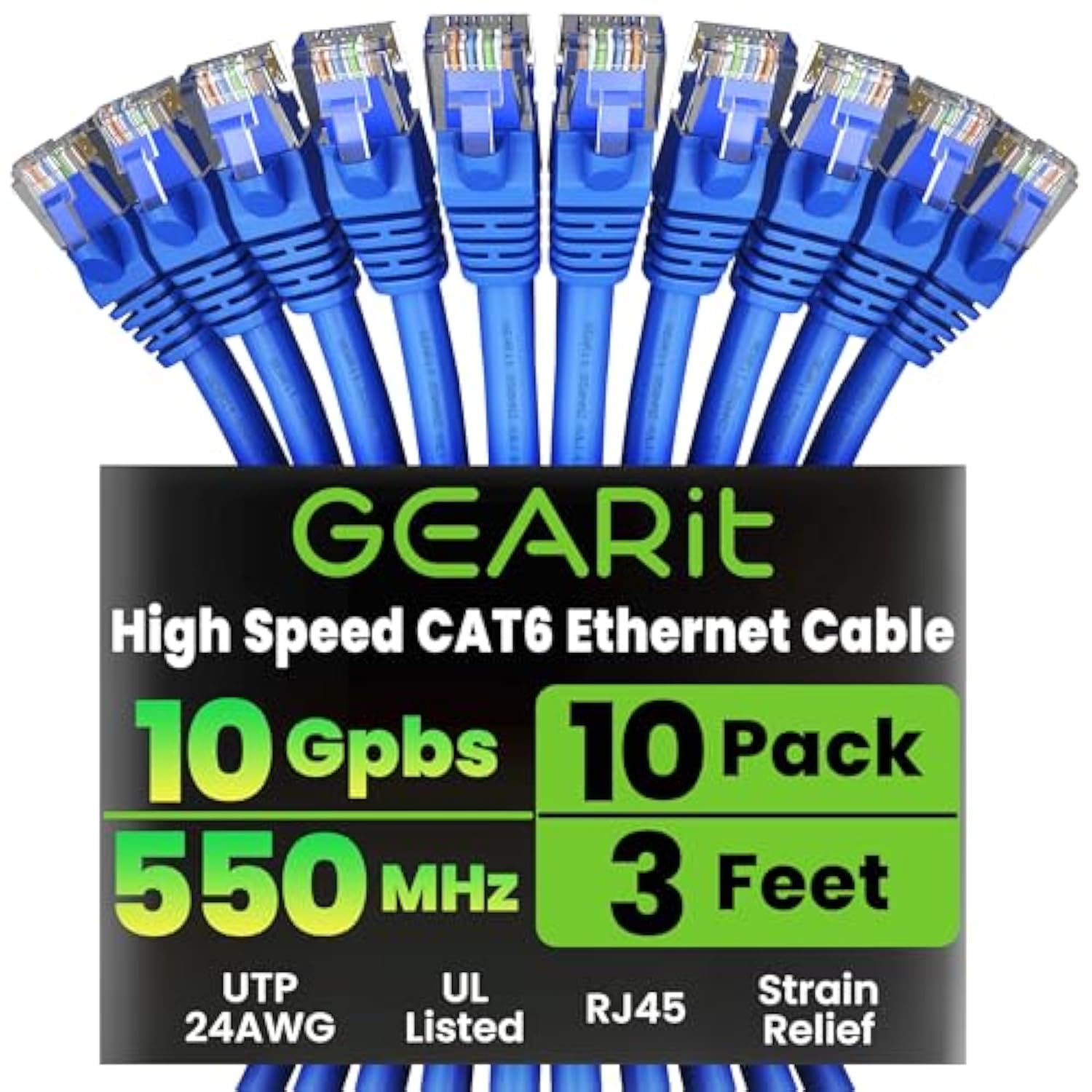 GearIT Cat 6 Ethernet Cable 3 ft (10-Pack) - Cat6 Patch Cable, Cat 6 Patch Cab