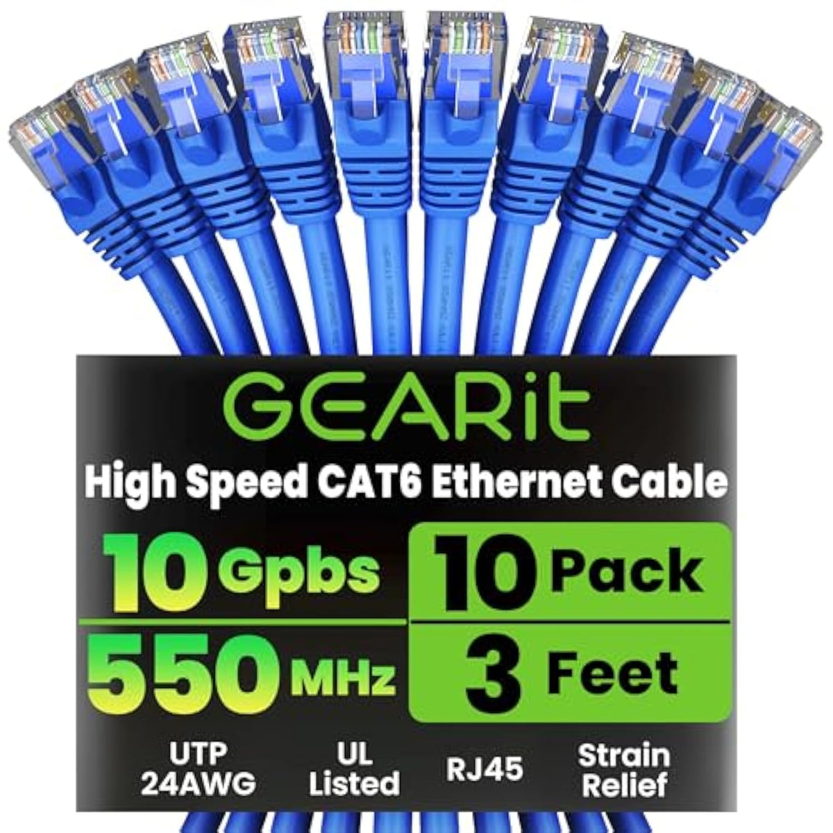GearIT Cat 6 Ethernet Cable 3 ft (10-Pack) - Cat6 Patch Cable, Cat 6 Patch Cab
