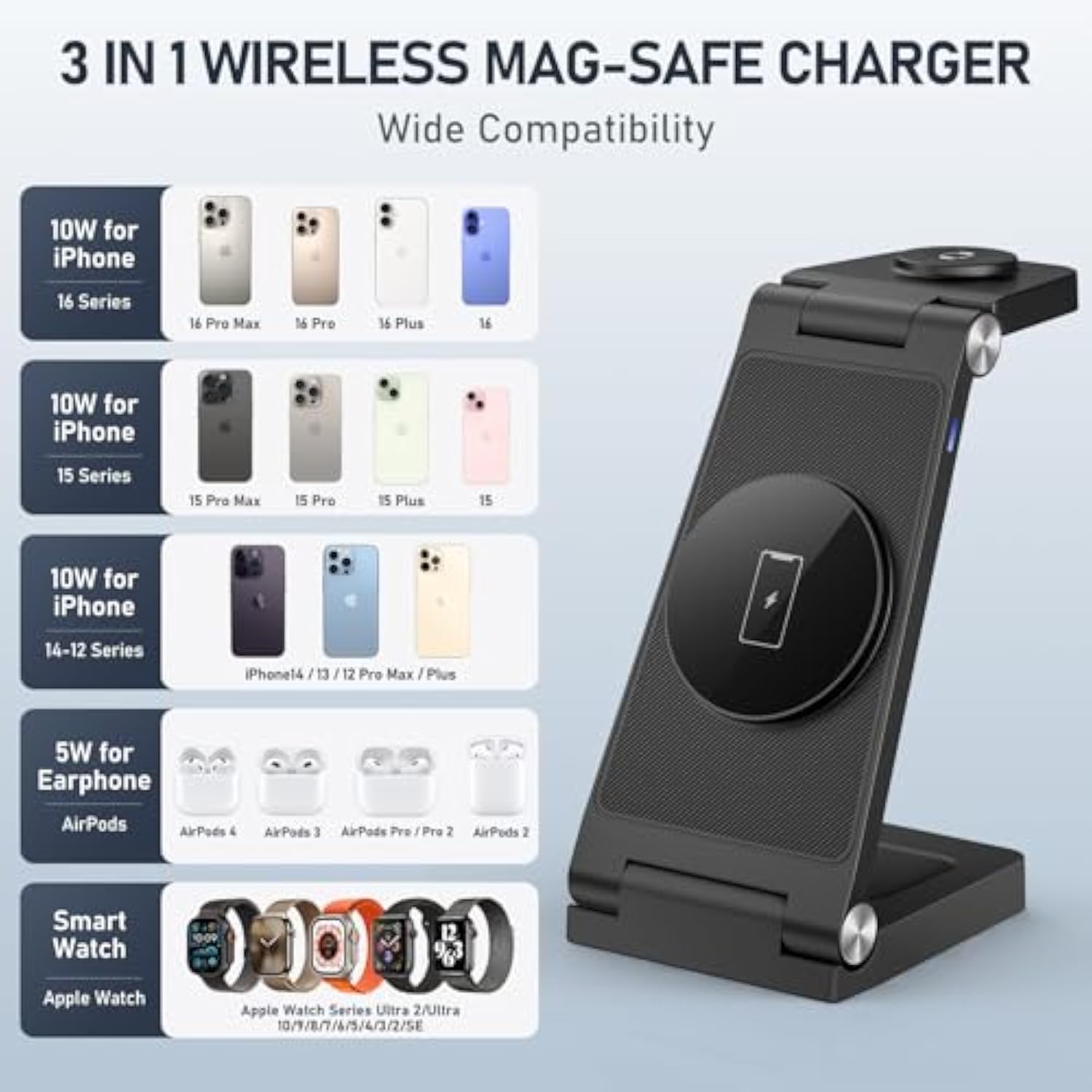 Magnetic Wireless Charger Stand, 3 In 1 Foldable Wireless Charging Station, Travel Charger For Multiple Devices For Iphone 16 15 14 13 12 Series, Apple Watch Ultra/9/8/7/6/5/4/3/2, Airpods