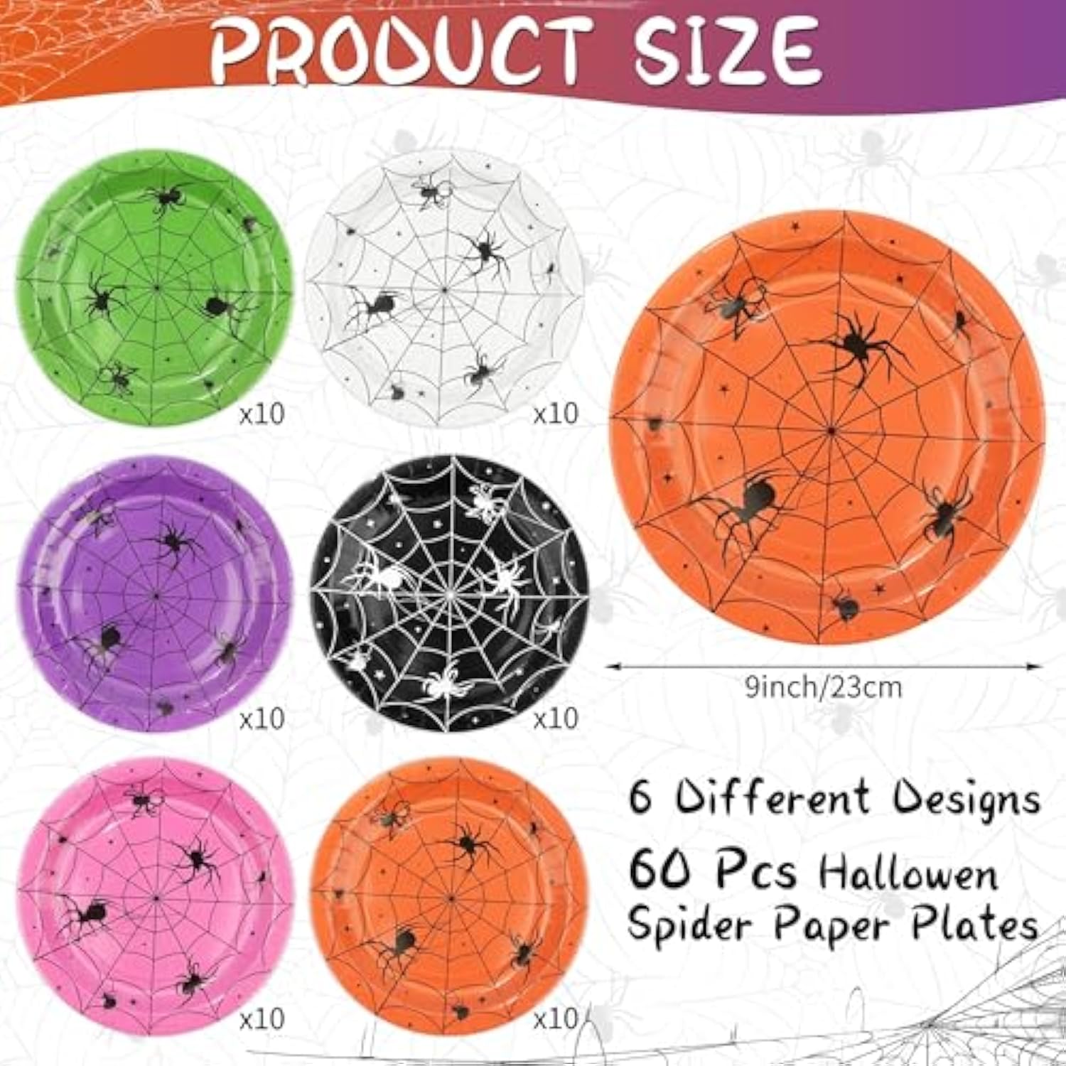 60Pcs Halloween Spider Paper Plates 9In Disposable Spiderweb Dessert Plates 6 Colors