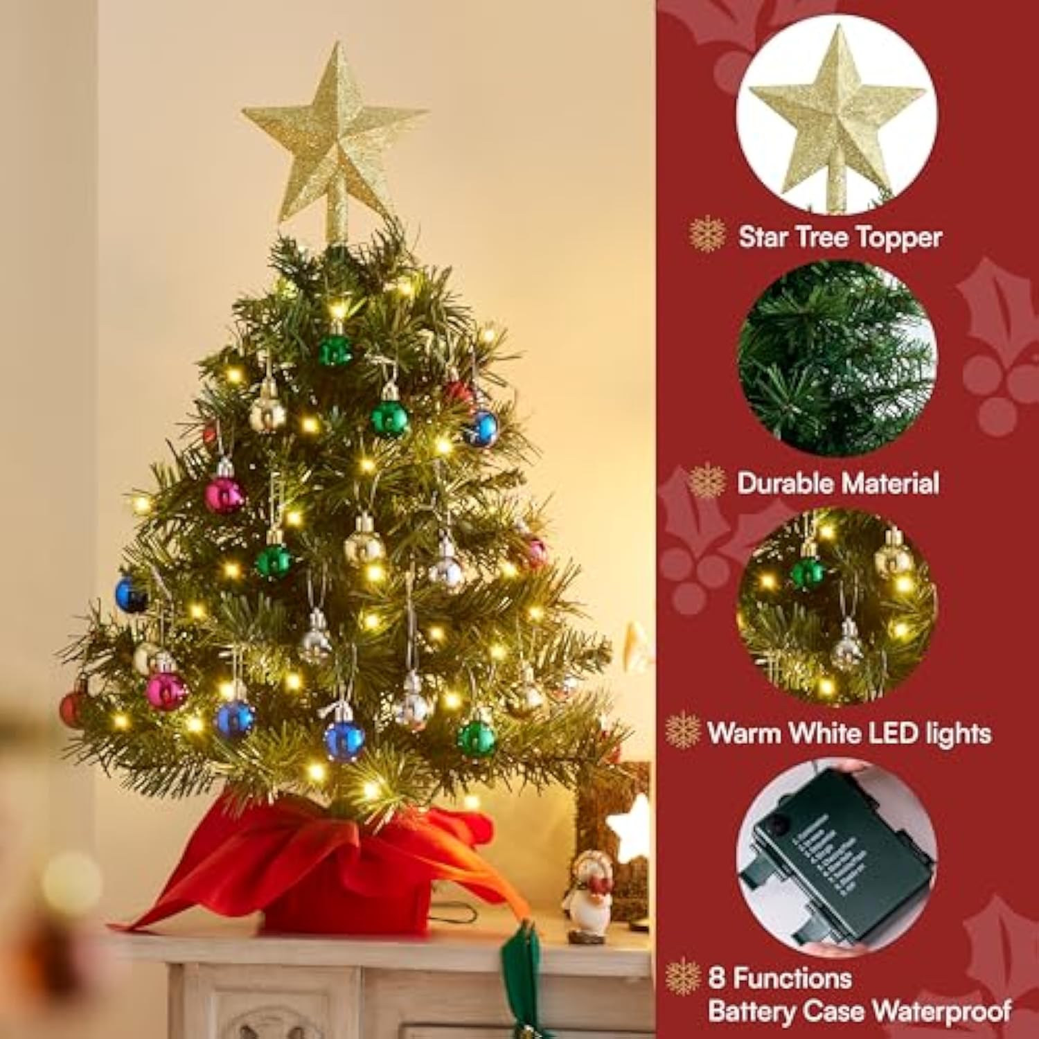 24"/2Ft Mini Christmas Tree Tabletop Set With Clear Led Lights, Artificial Mini Christmas Tree With Star Treetop And Hanging Ornaments, Best Diy Xmas Decorations