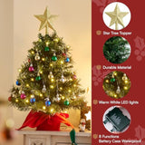 24"/2Ft Mini Christmas Tree Tabletop Set With Clear Led Lights, Artificial Mini Christmas Tree With Star Treetop And Hanging Ornaments, Best Diy Xmas Decorations