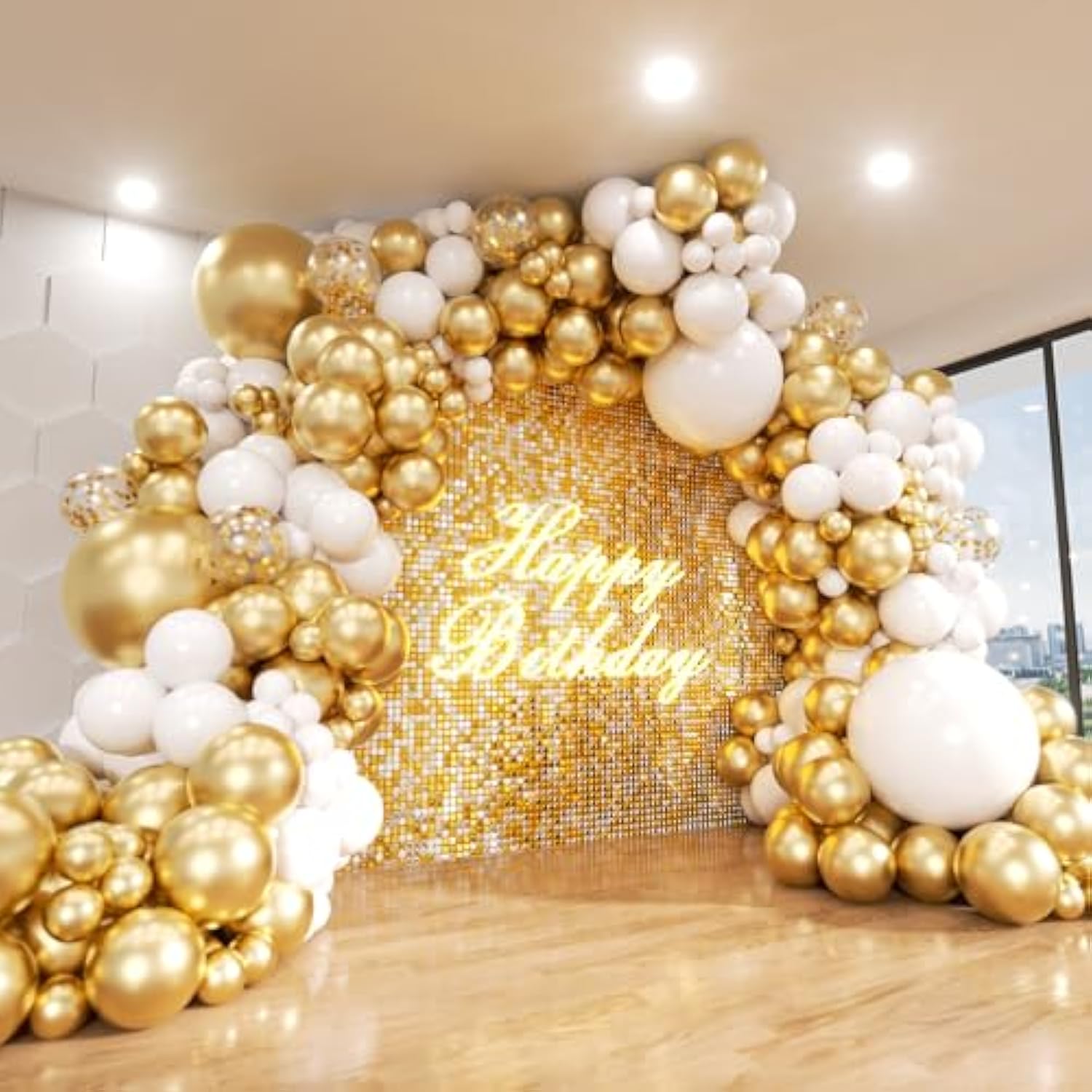 White And Gold Balloon Arch Kit, 140Pcs Matte White Metallic Gold And Gold Confetti Party Balloon Garland Kit For Wedding, Engagements, Birthday, Bridal Shower, Baby Shower Anniversary Decorations