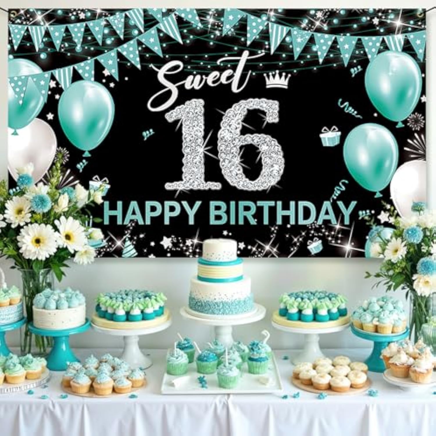 Sweet 16 Party Decorations Turquoise Fabric Banner, Yard Sign & Photo Booth Props