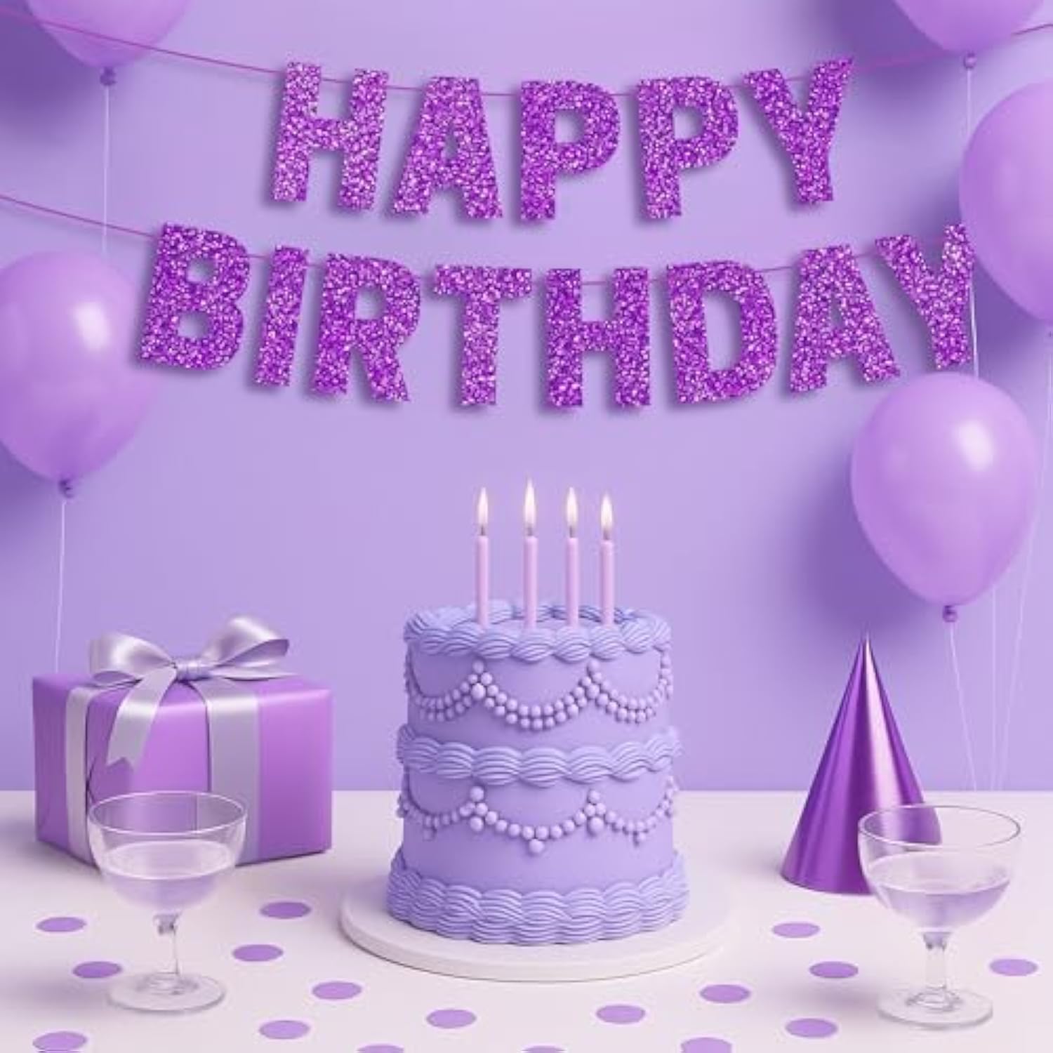 Pre-Strung Happy Birthday Banner - No Diy - Purple Glitter Happy Birthday Party Banner For Girls & Women - Pre-Strung On 8 Ft Strands - Purple Bday Party Decorations & Decor. Did We Mention No Diy