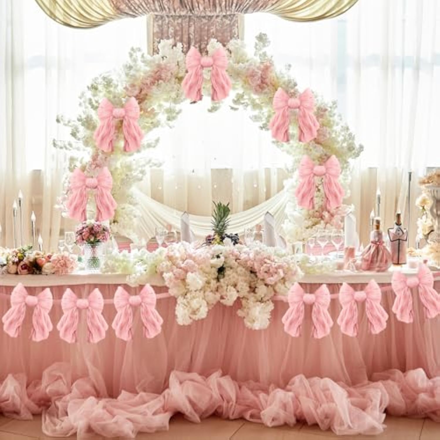 1 String Of 6 Pink Bows Garland Banner Decoration, Adjustable Pre-Strung Ornaments For Birthday, Bachelorette Party, Bridal Shower, Wedding, Engagement, Baby Shower, Graduation Decor, Anniversary