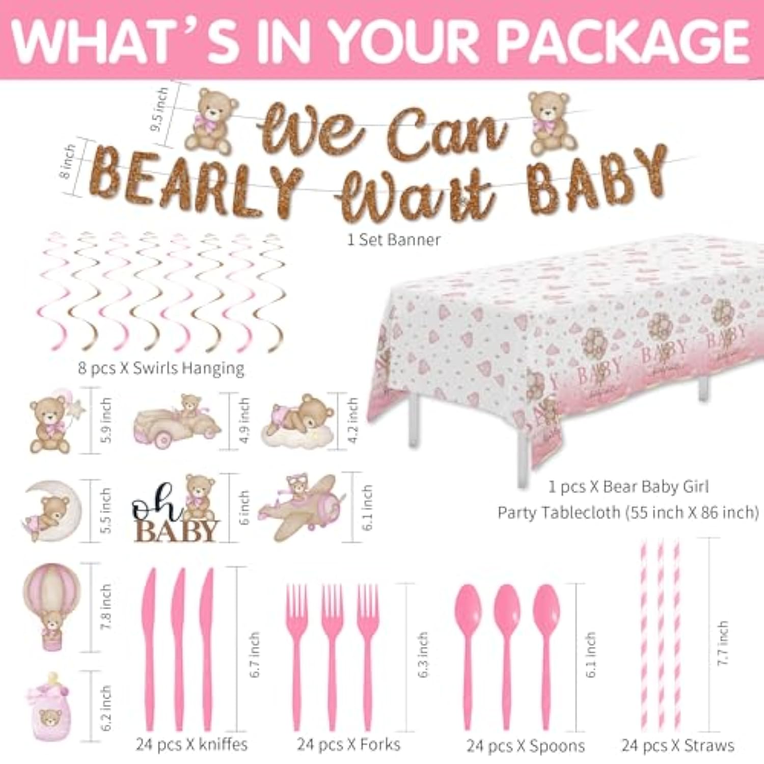 Pink Bear Baby Shower Decorations Girl, Teddy Bear Theme We Can Bearly Wait Baby Shower Decorations Party Supplies, Paper Plate, Napkin, Cup, Banner, Tablecloth, Swirls, Cutlery, Serves 24