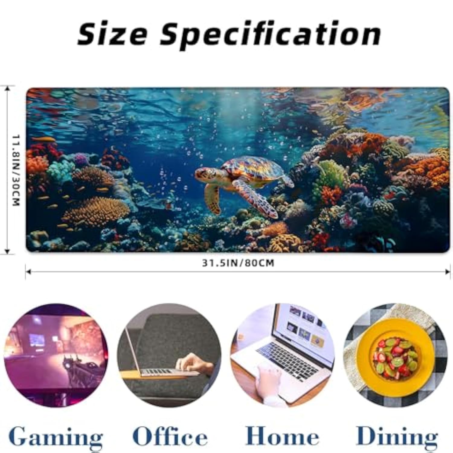 Sea Turtle Coral Reef Gaming Mouse Pad Extended Desk Computer Keyboard Laptop Ocean Scene Mouse Pads For Home Office Work, Large Long Desk Mat Mousepad With Non-Slip Rubber Base 31.5×11.8Inch